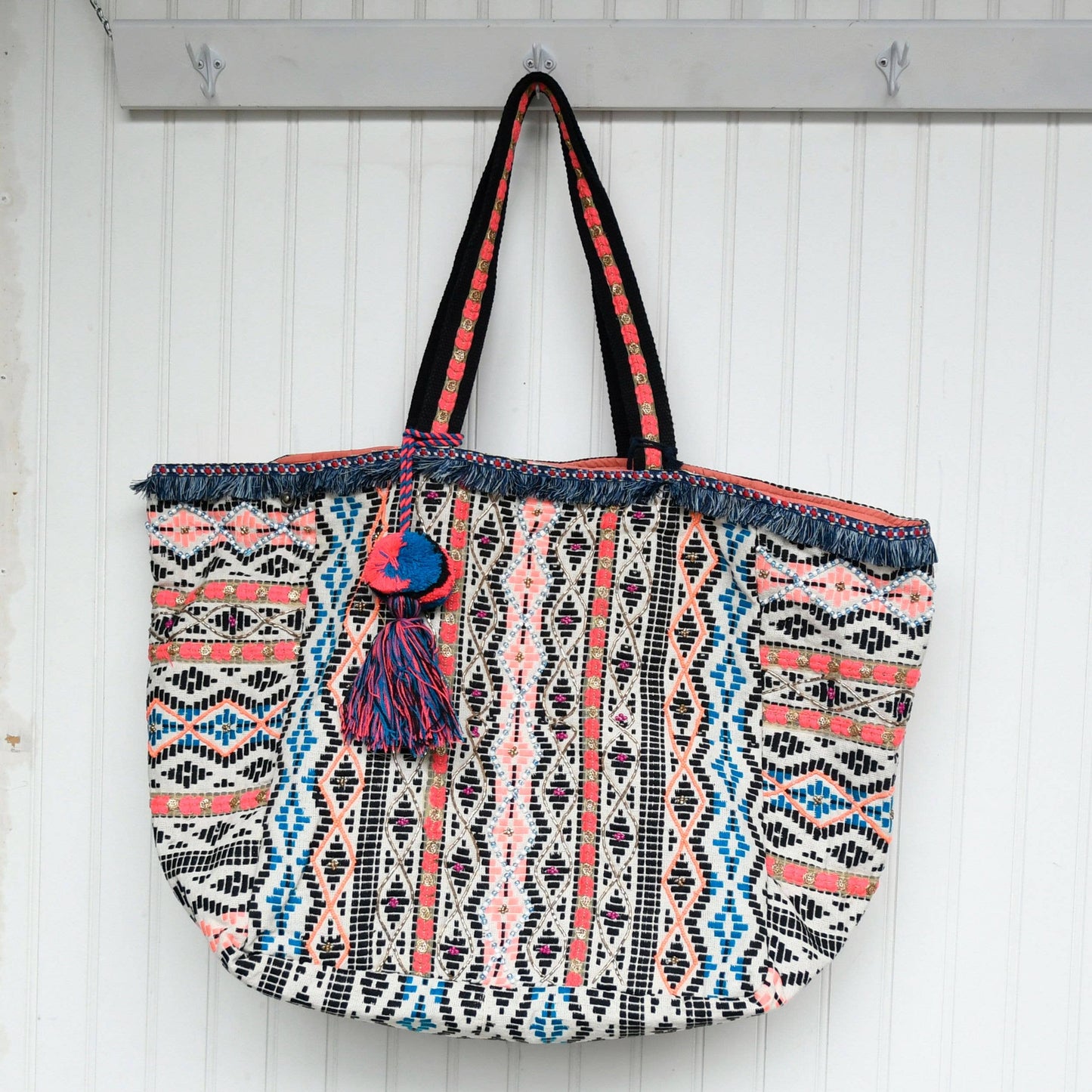 Intricate Beaded Striped Tote Bag