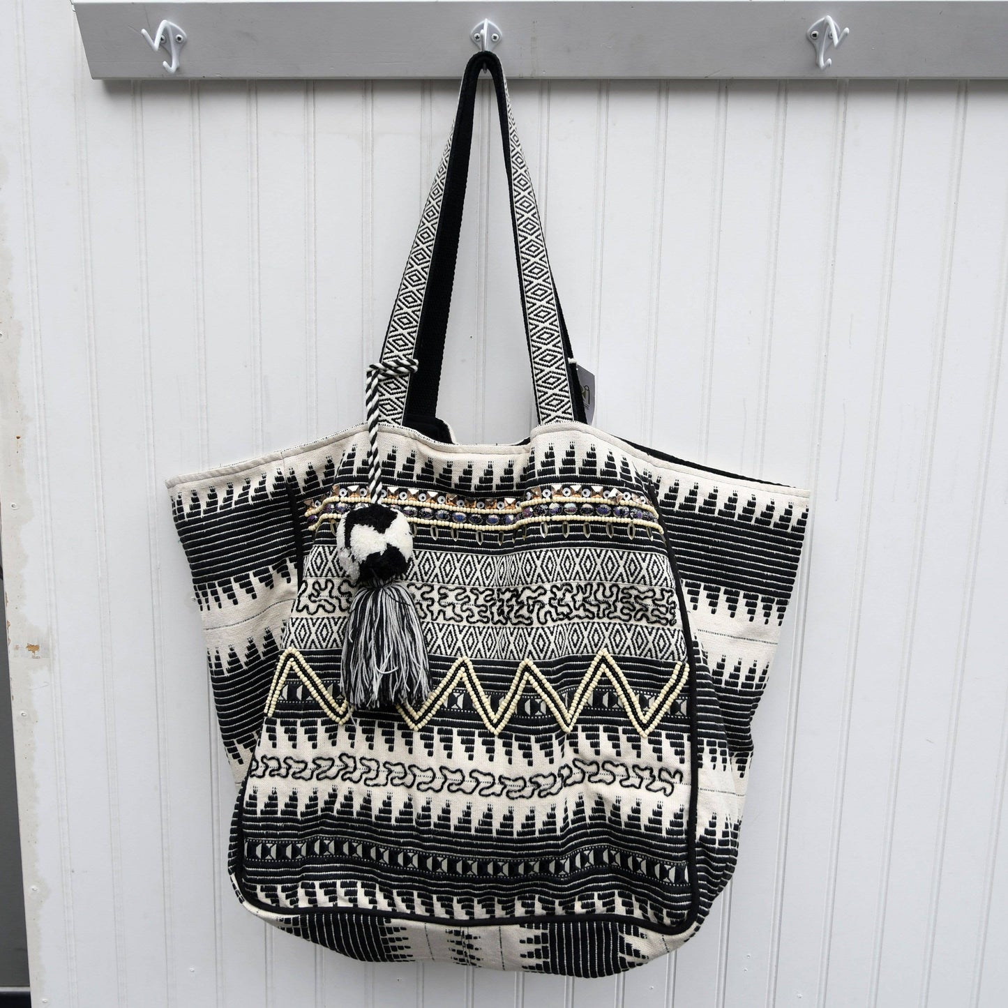 Black White Striped Beaded Tote