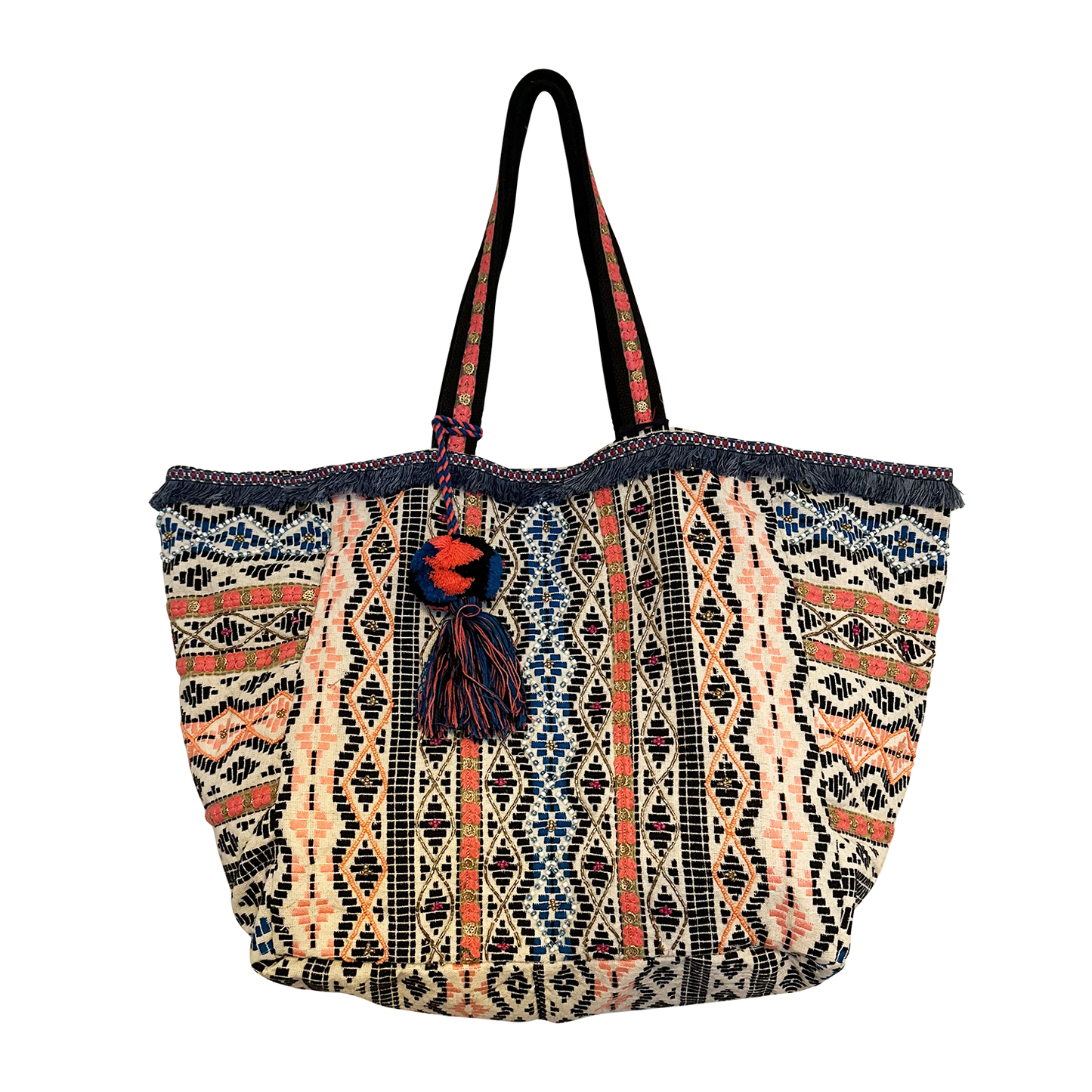 Intricate Beaded Striped Tote Bag