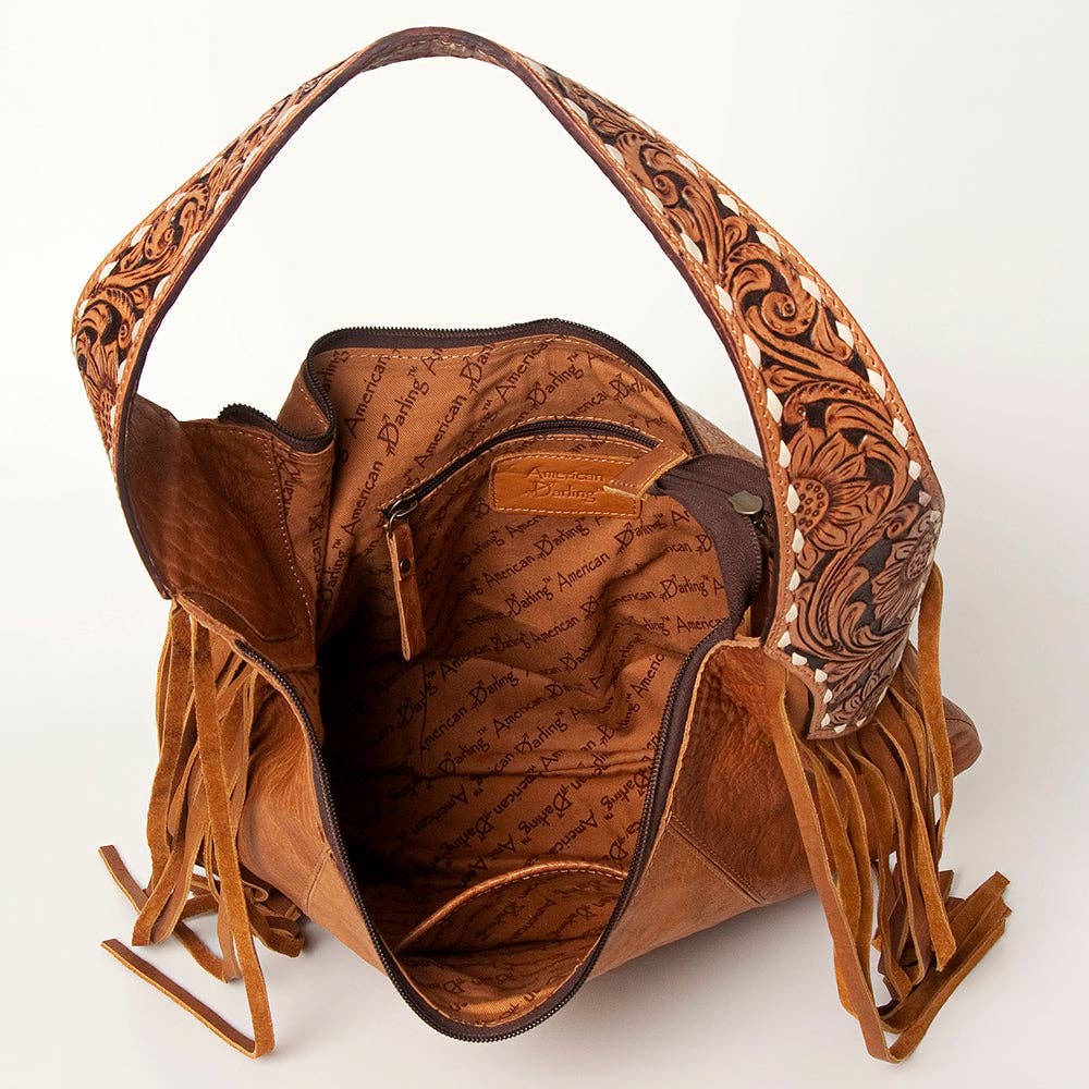 American Darling Hobo Bag Full Grain Tan Leather with Tooled Strap & Fringe