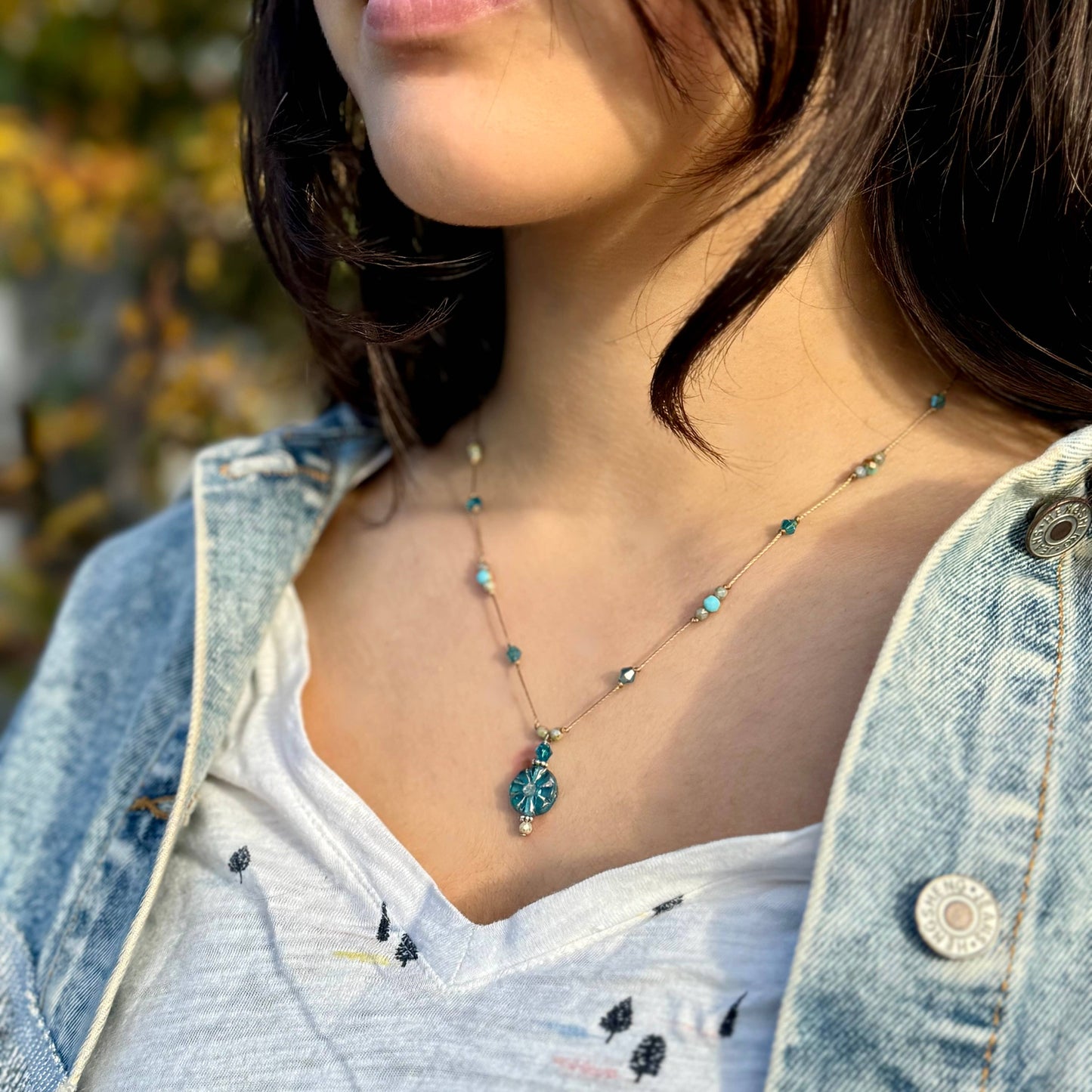 Flower Pendant Necklace (Teal & Pink)