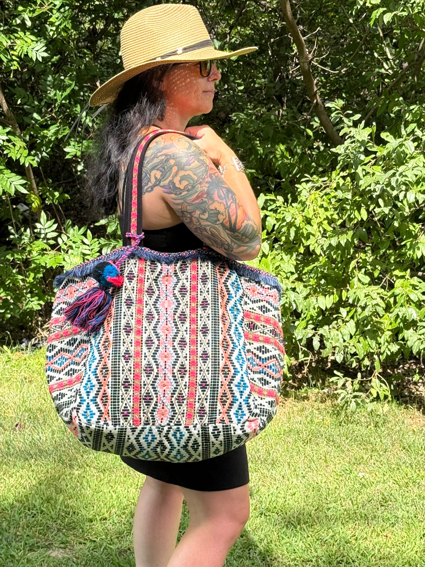 Intricate Beaded Striped Tote Bag