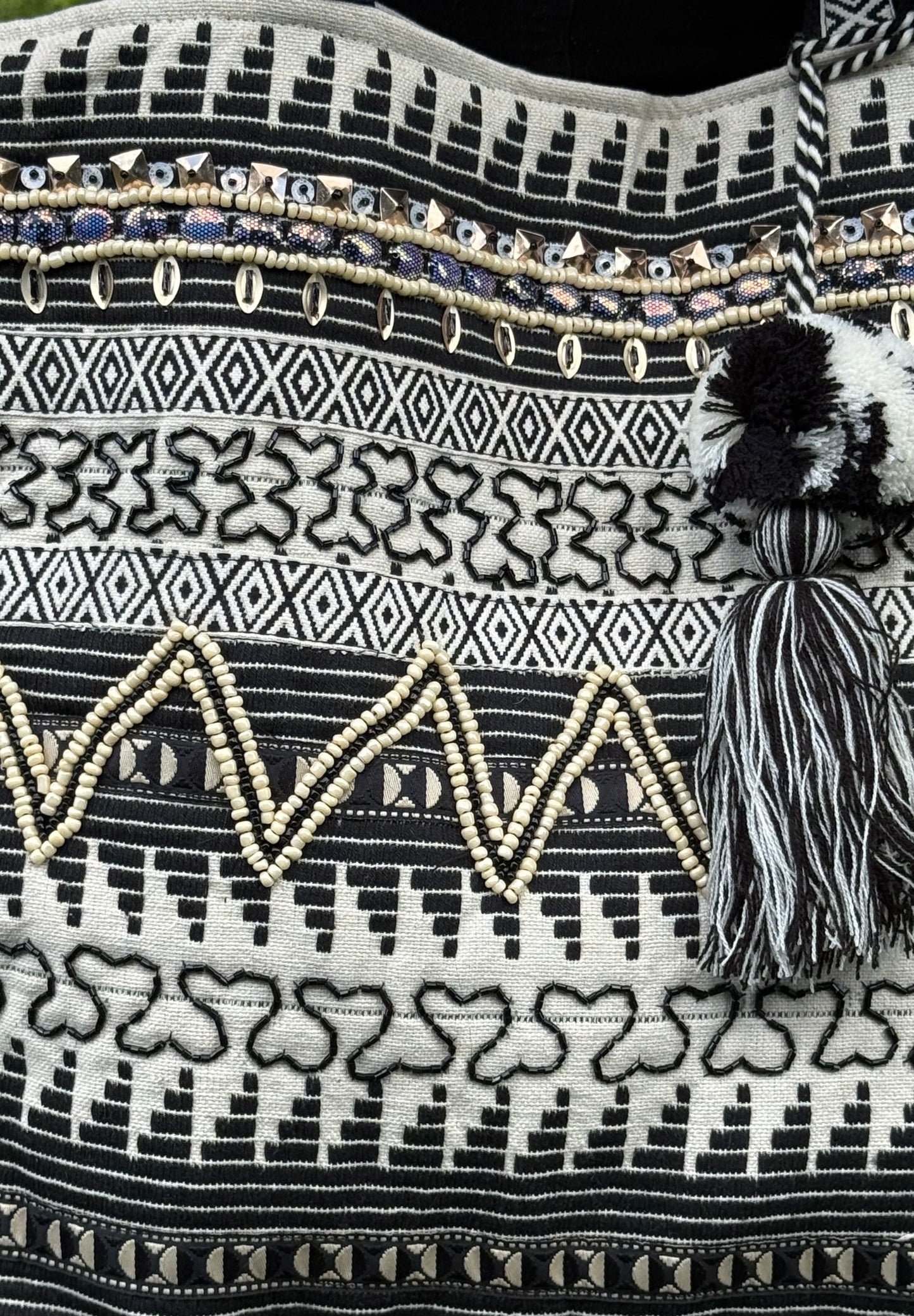 Black White Striped Beaded Tote