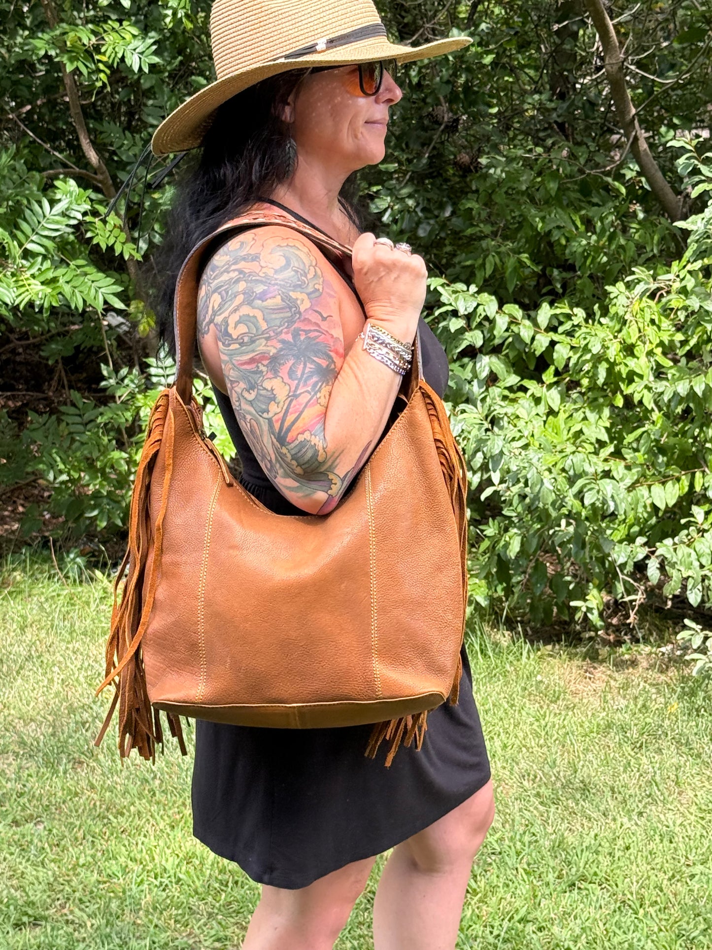 American Darling Hobo Bag Full Grain Tan Leather with Tooled Strap & Fringe