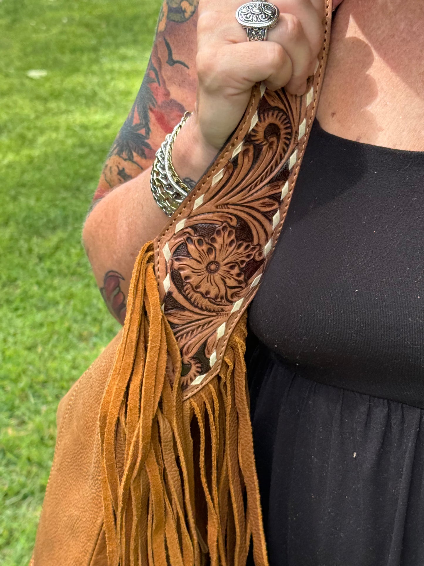 American Darling Hobo Bag Full Grain Tan Leather with Tooled Strap & Fringe