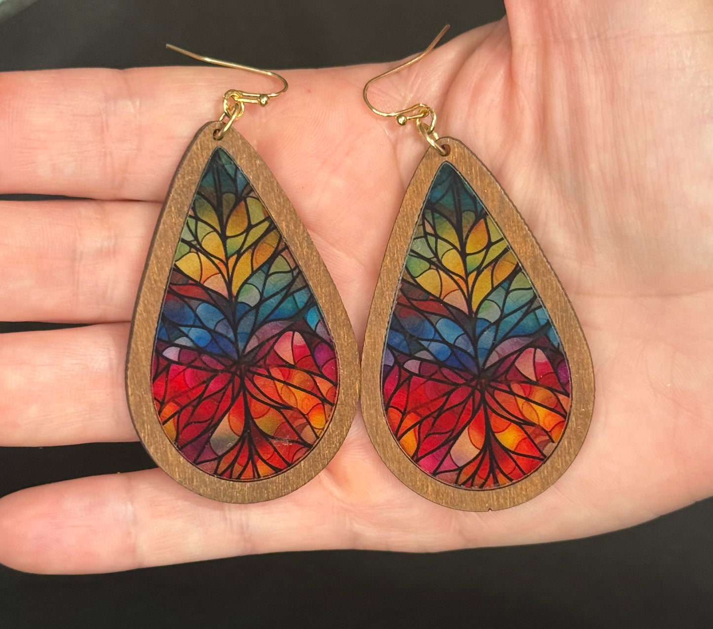 Rainbow Mosaic Stained Glass Print Wood Earrings