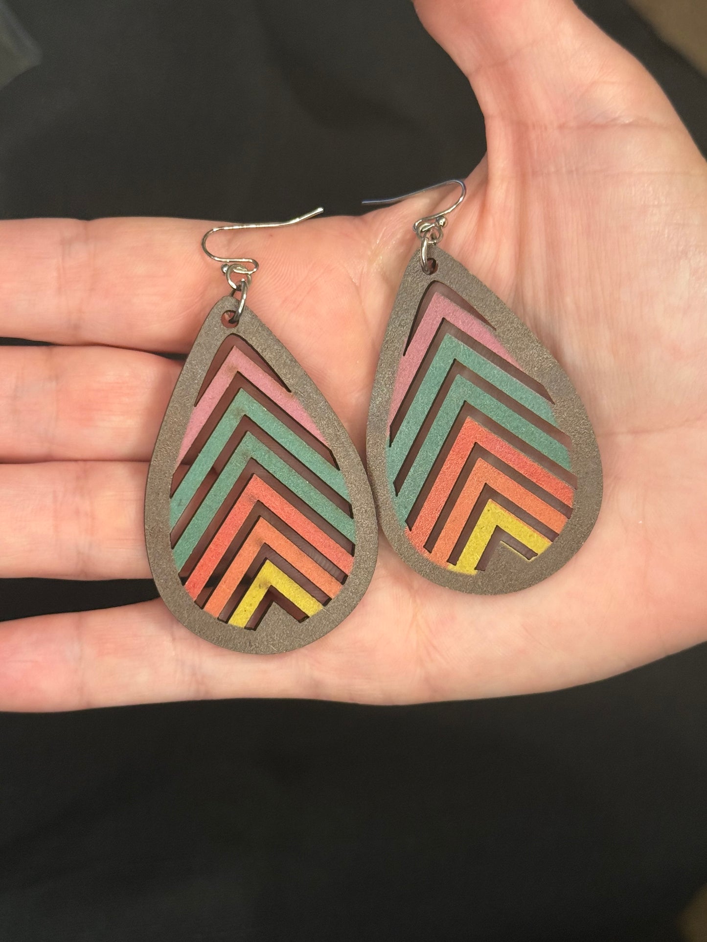 Natural Rainbow Wood Teardrop Earrings