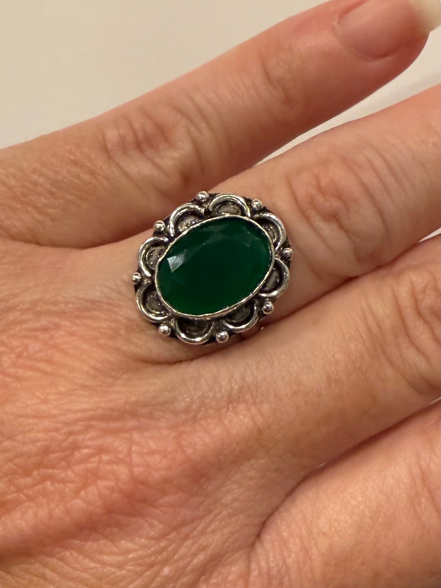 Vintage-Green Onyx Sterling Ring sz7.5