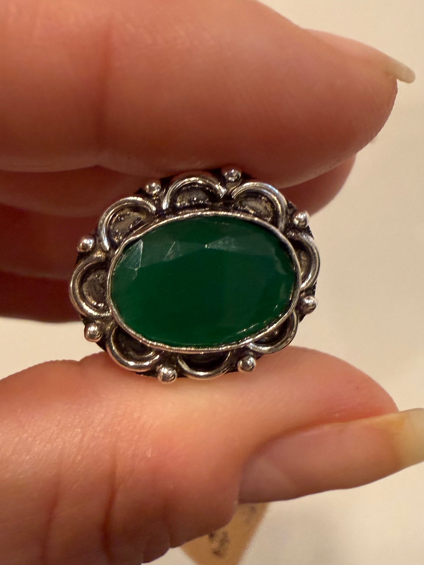 Vintage-Green Onyx Sterling Ring sz7.5