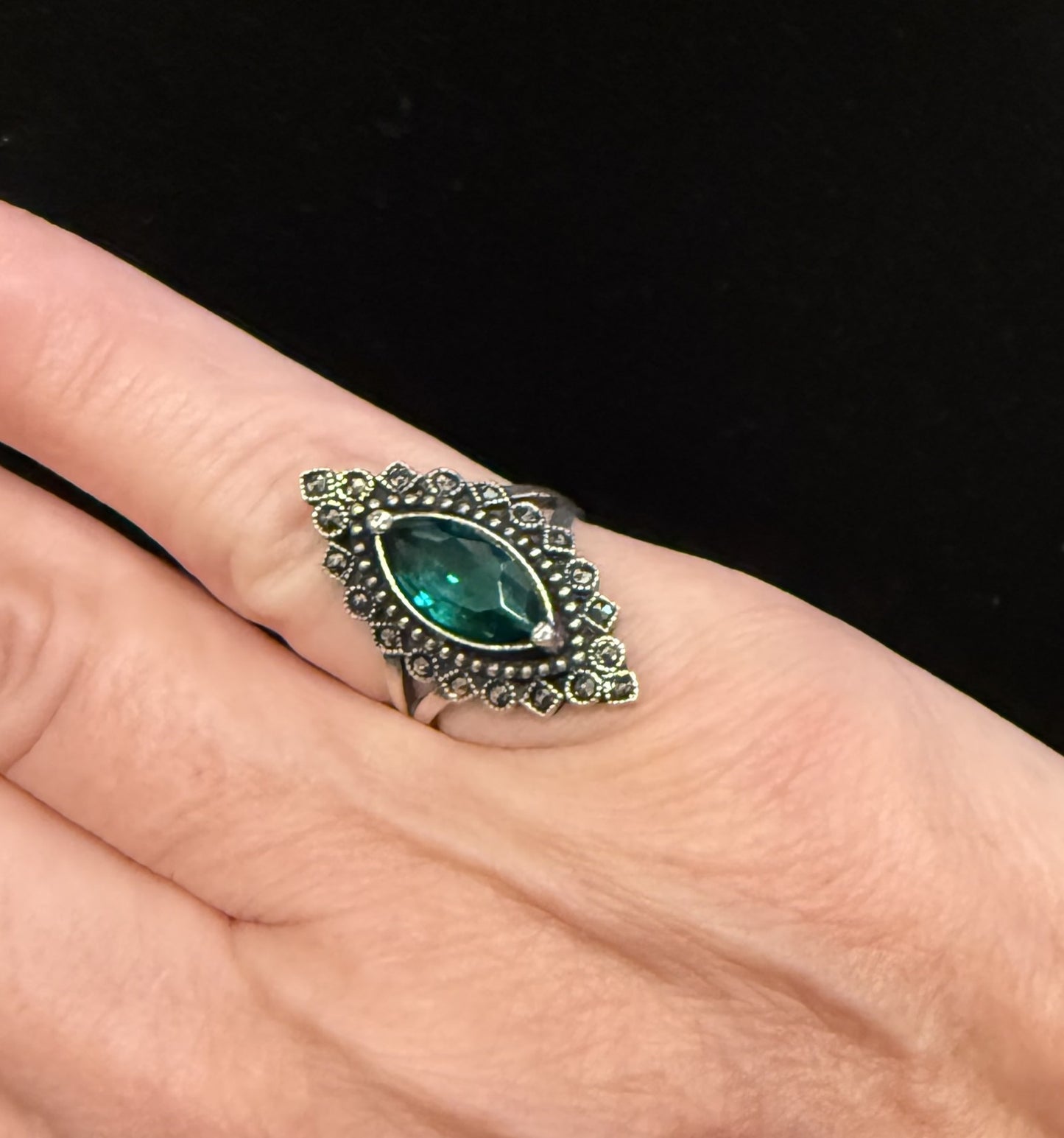 Vintage Sterling Green Marquis Ring Sz 5.75-6