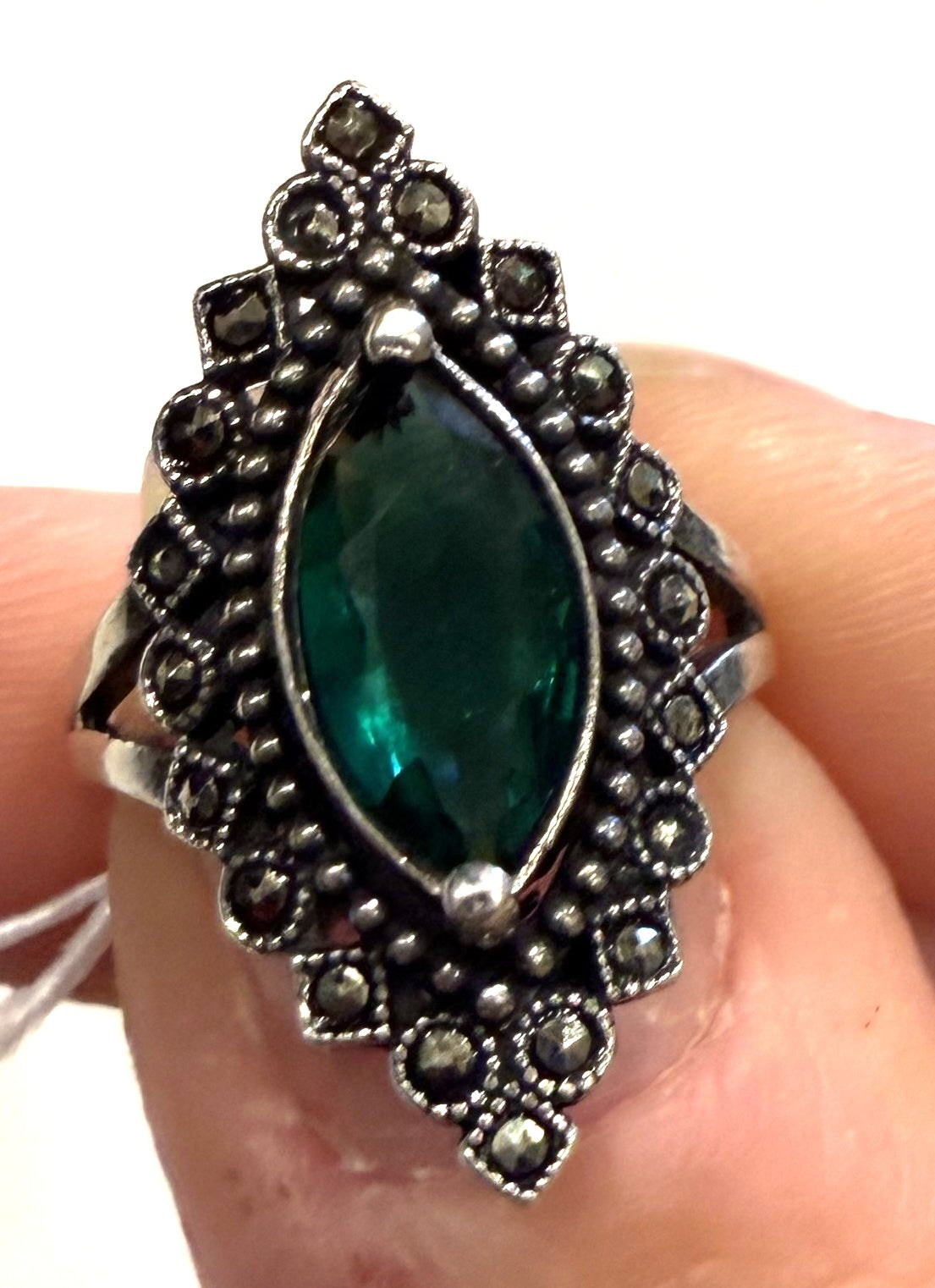 Vintage Sterling Green Marquis Ring Sz 5.75-6