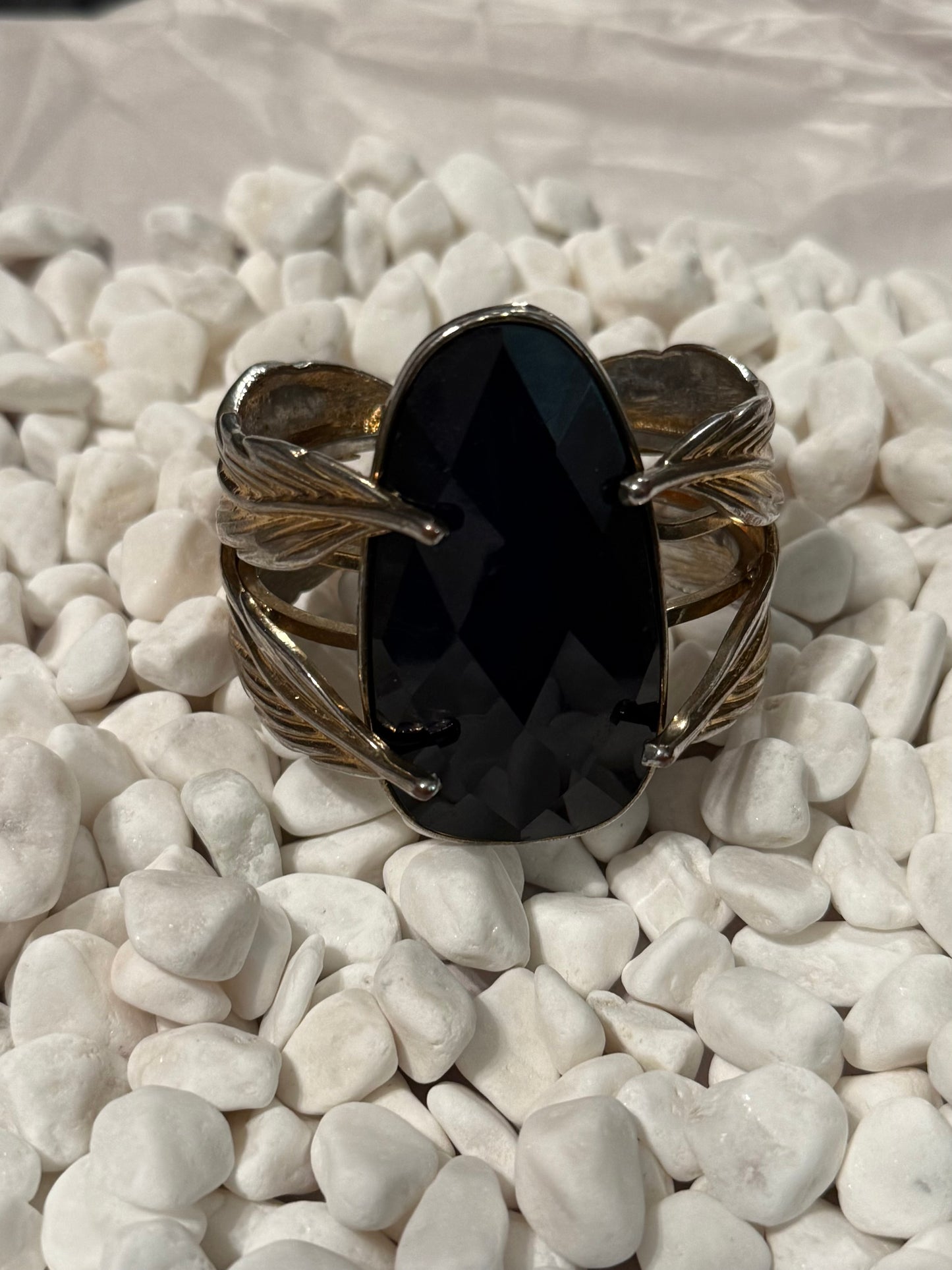 Vintage Huge Silver & Gold Toned Stone Hinged Bangle Bracelet