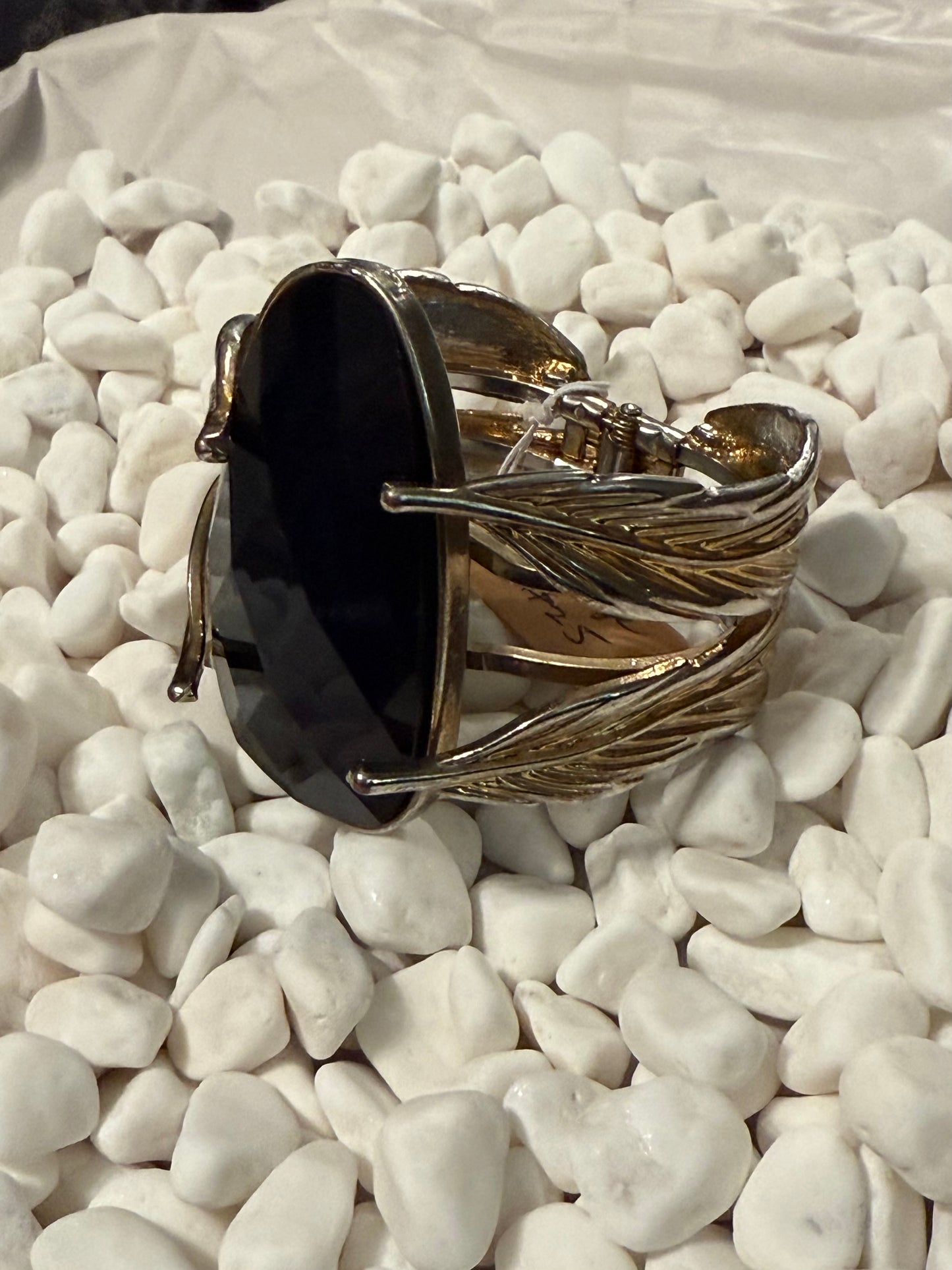 Vintage Huge Silver & Gold Toned Stone Hinged Bangle Bracelet