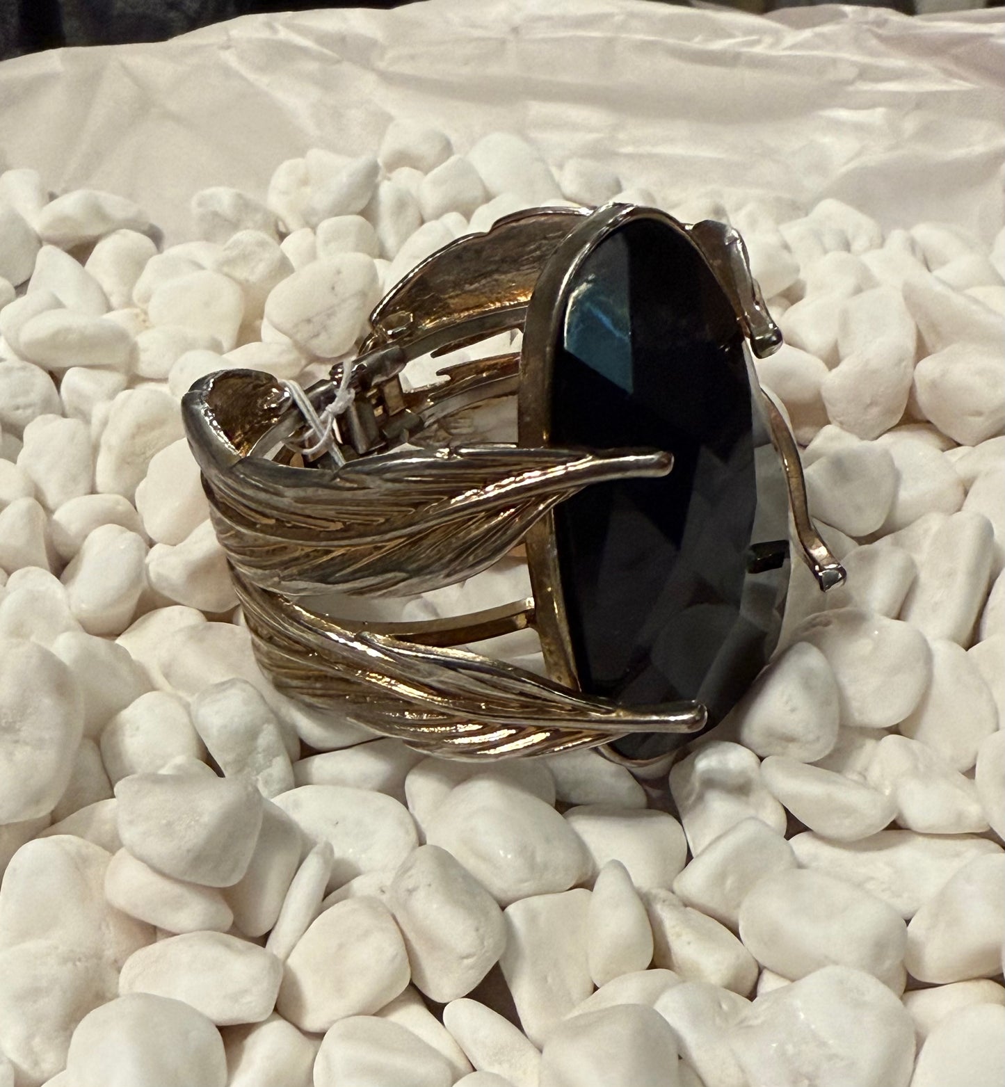 Vintage Huge Silver & Gold Toned Stone Hinged Bangle Bracelet