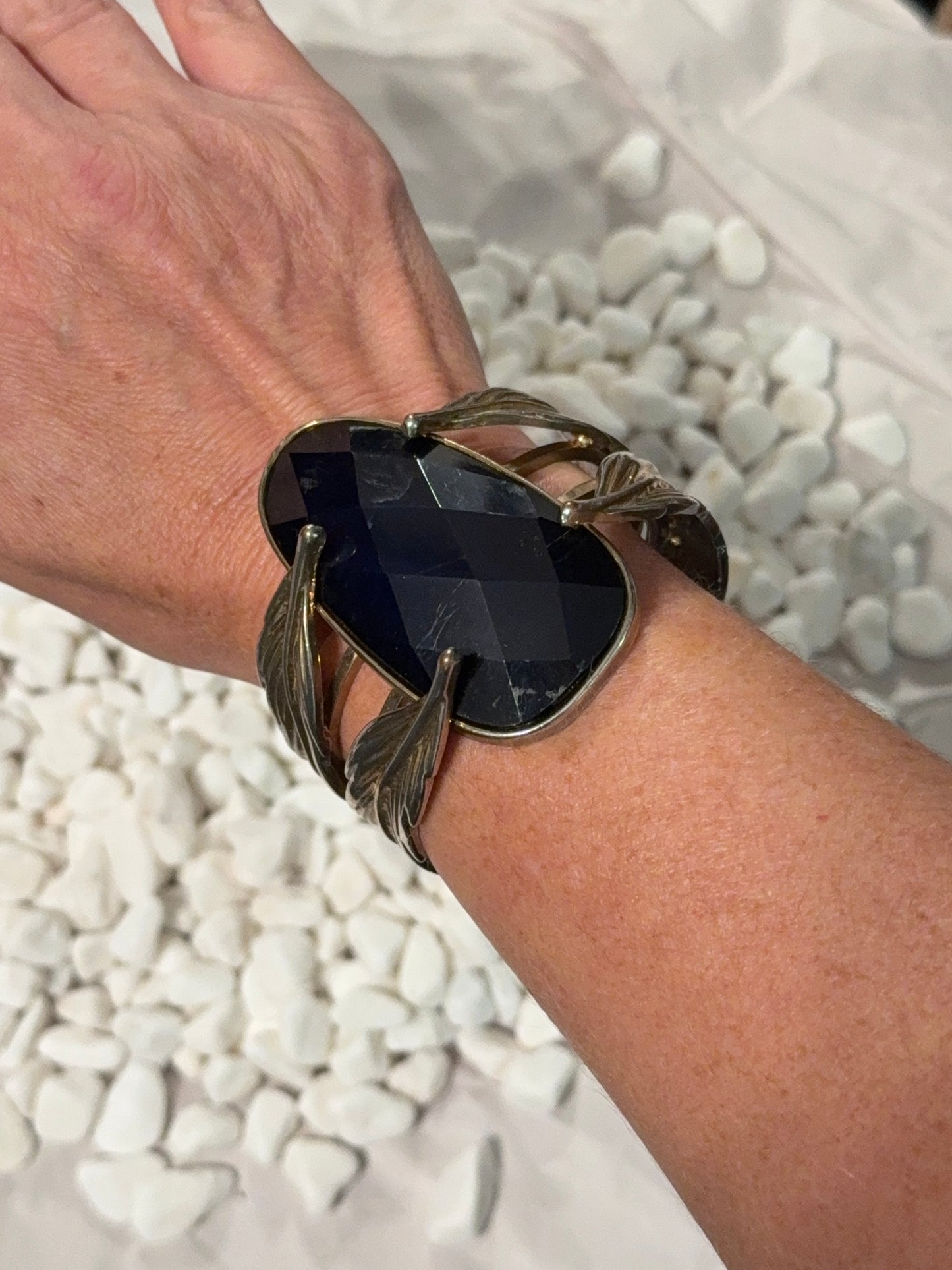 Vintage Huge Silver & Gold Toned Stone Hinged Bangle Bracelet