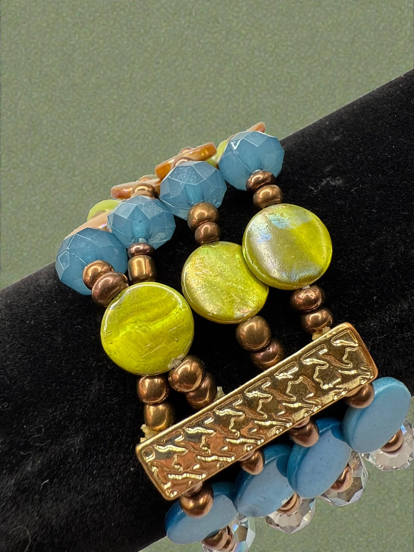 Vintage Coastal Mosaic Beaded Bracelet 6.5-7.5"