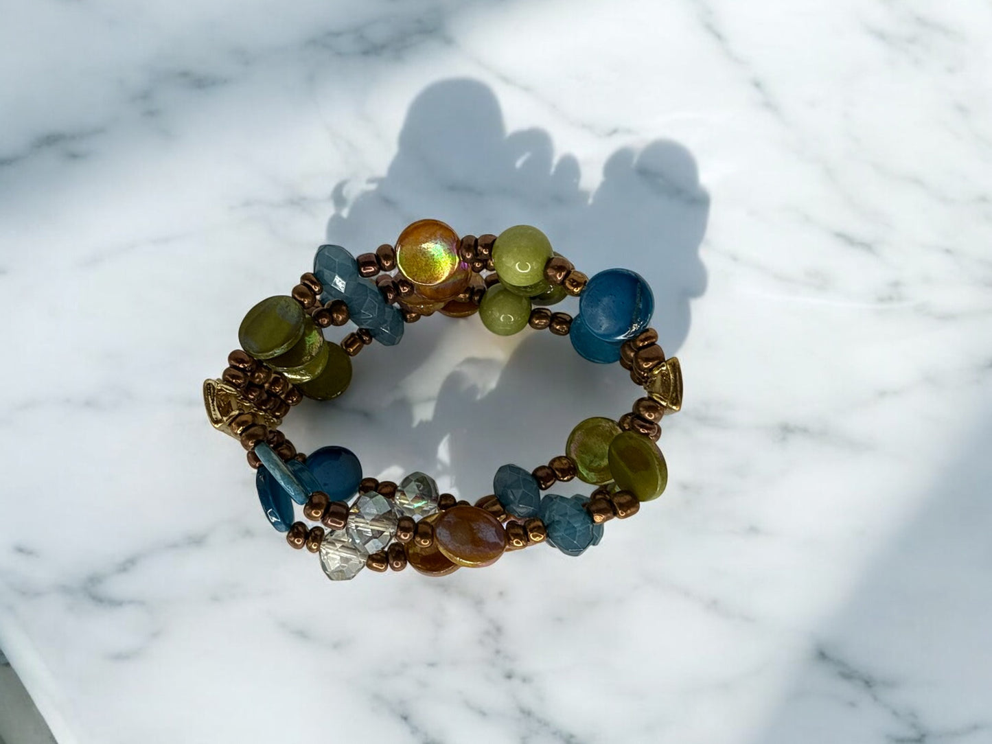 Vintage Coastal Mosaic Beaded Bracelet 6.5-7.5"