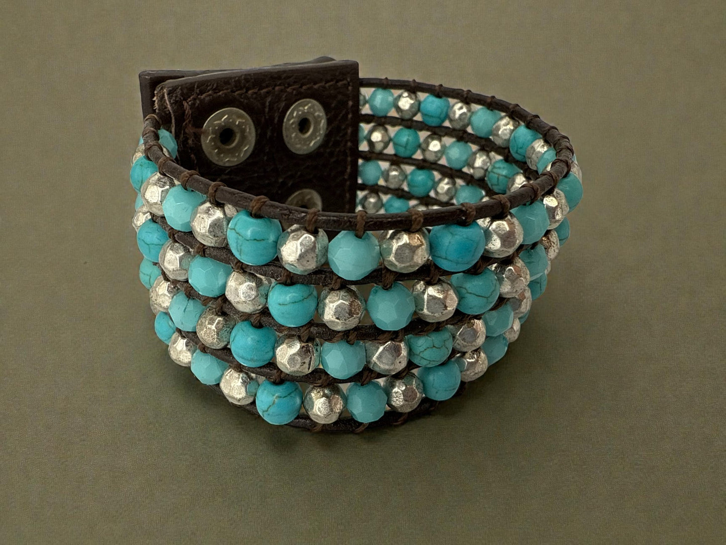 Vintage Turquoise Trail Leather Snap Cuff 6.75"