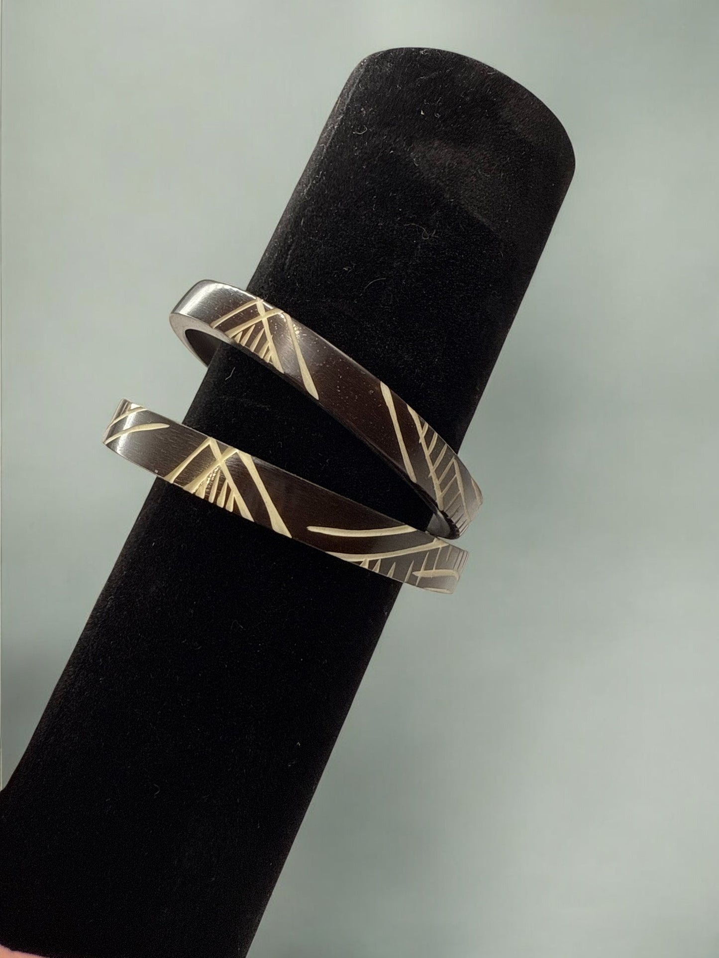 Vintage Midnight Carved Bone Bangle Set 8.25"