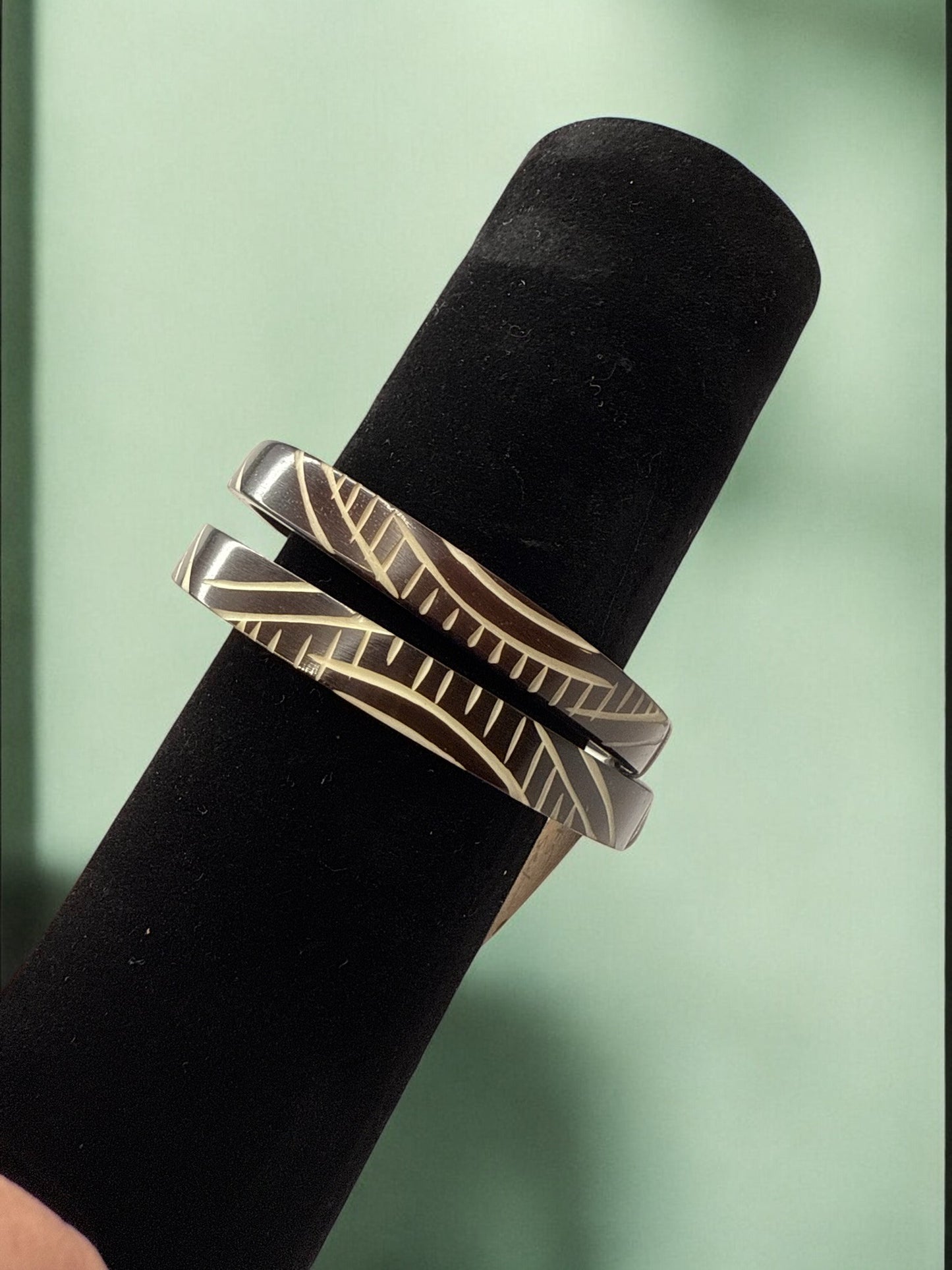 Vintage Midnight Carved Bone Bangle Set 8.25"