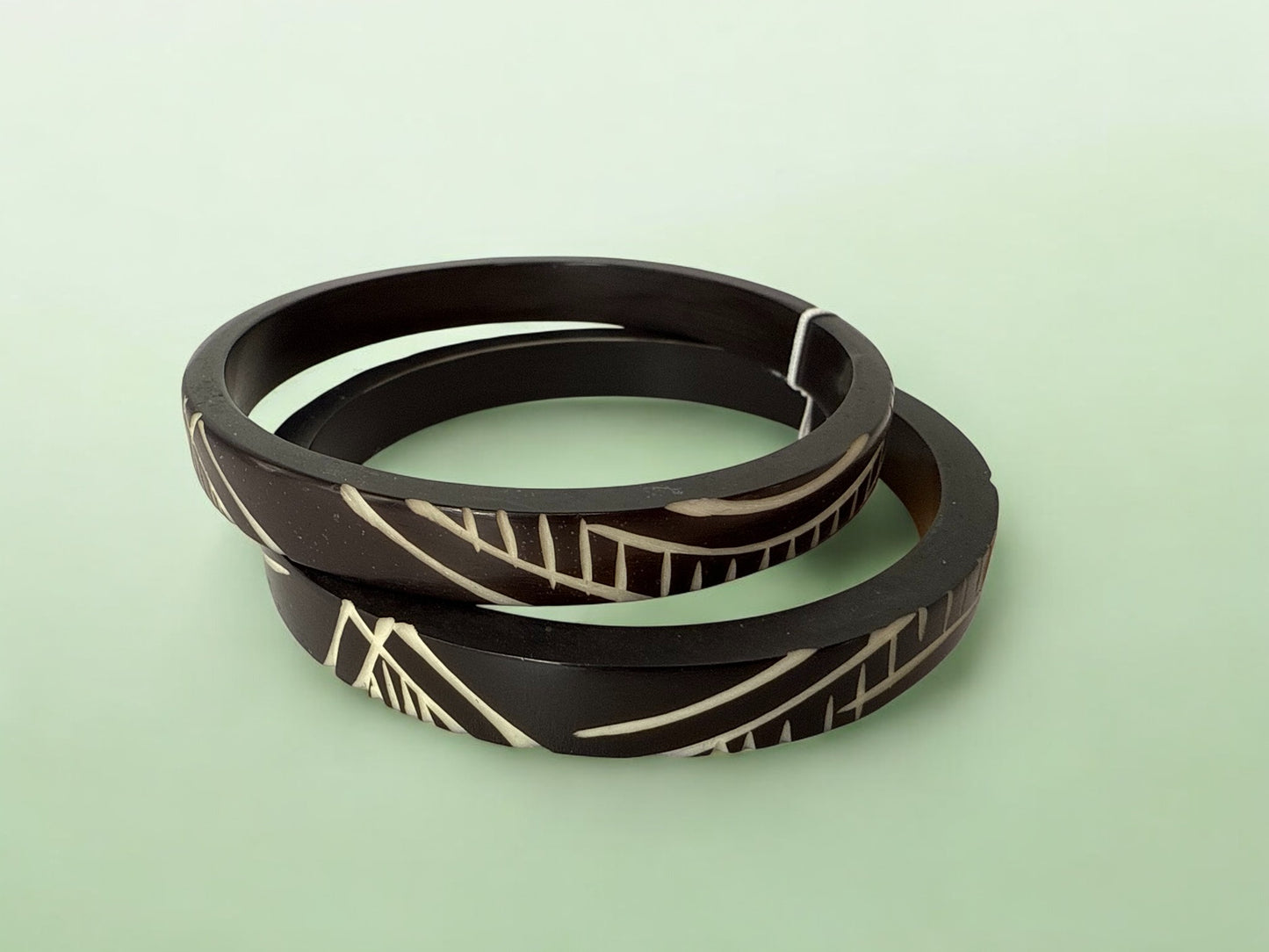 Vintage Midnight Carved Bone Bangle Set 8.25"