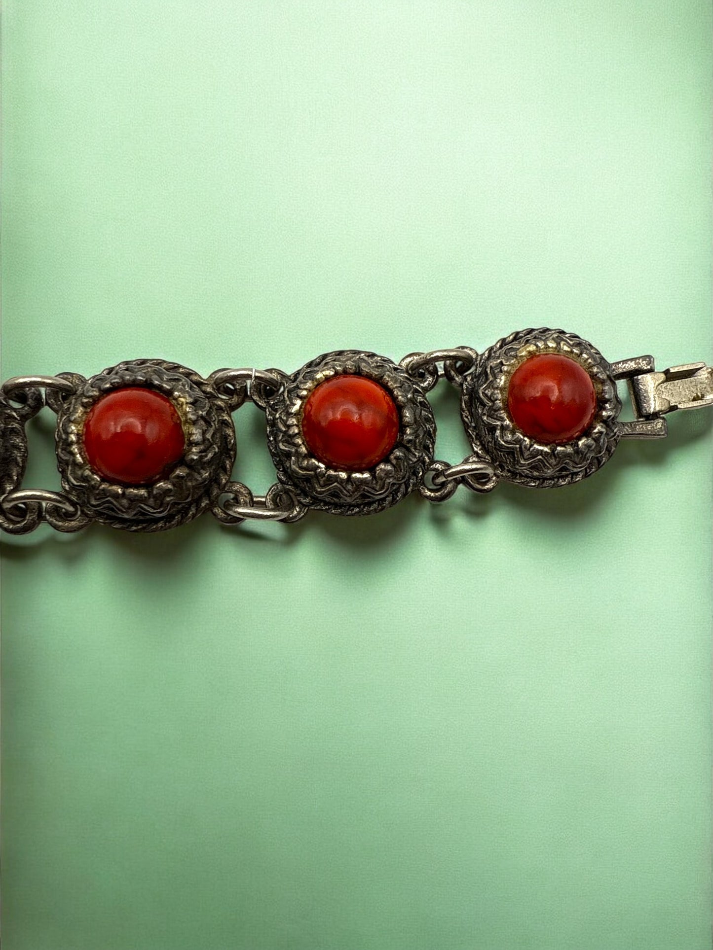 Vintage Crimson Cabochon Link Bracelet 6.75"