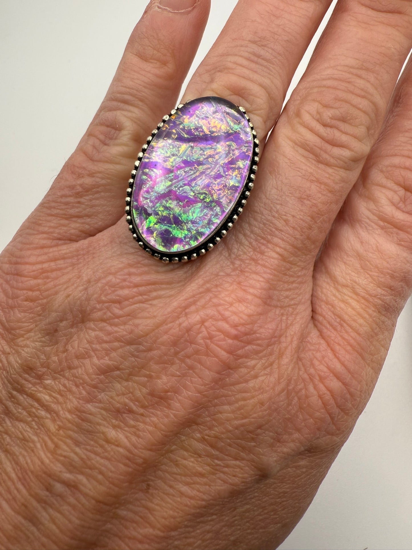 Vintage Iridescent Oval Foil Sterling Ring 7.5