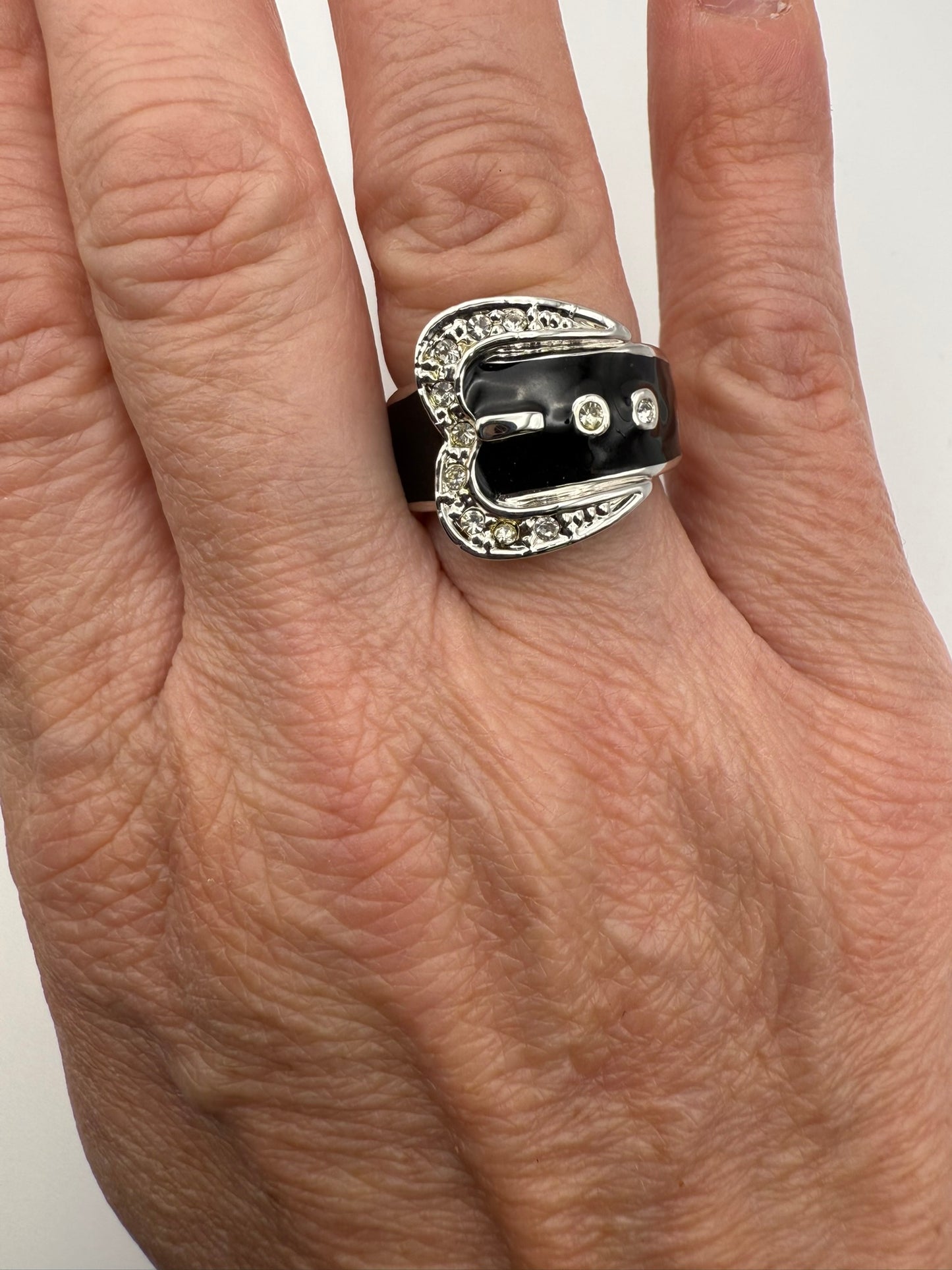 Vintage Camille Lucie Black Enamel Buckle Ring 7.75