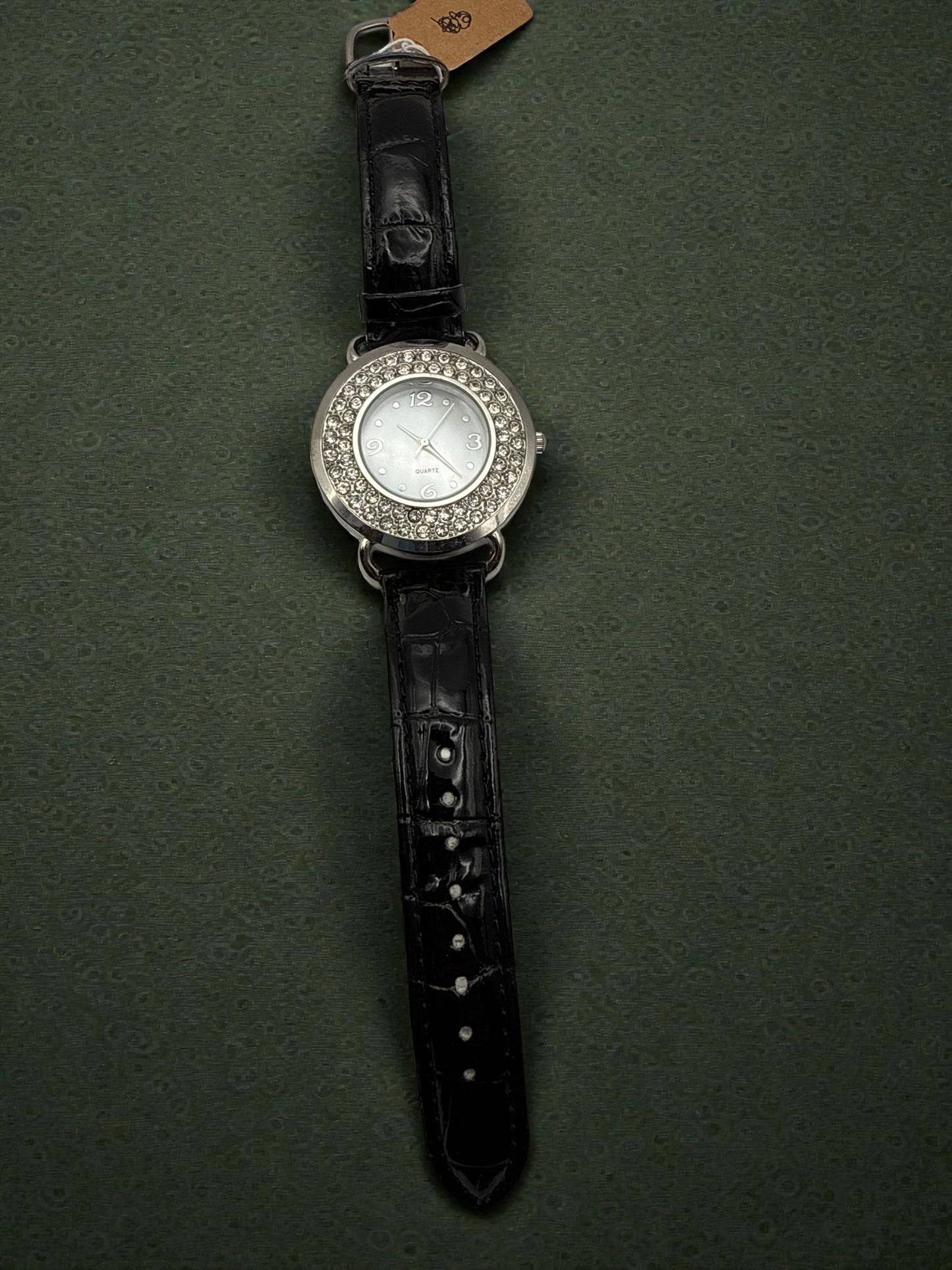 Vintage Black Patent Leather Bejeweled Quartz Watch 6.5-8" - *Needs Battery*