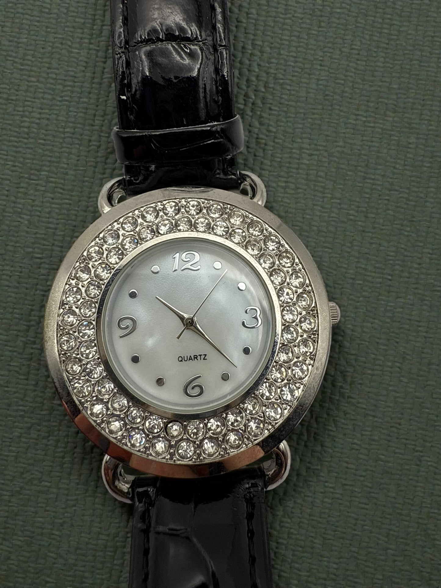 Vintage Black Patent Leather Bejeweled Quartz Watch 6.5-8" - *Needs Battery*