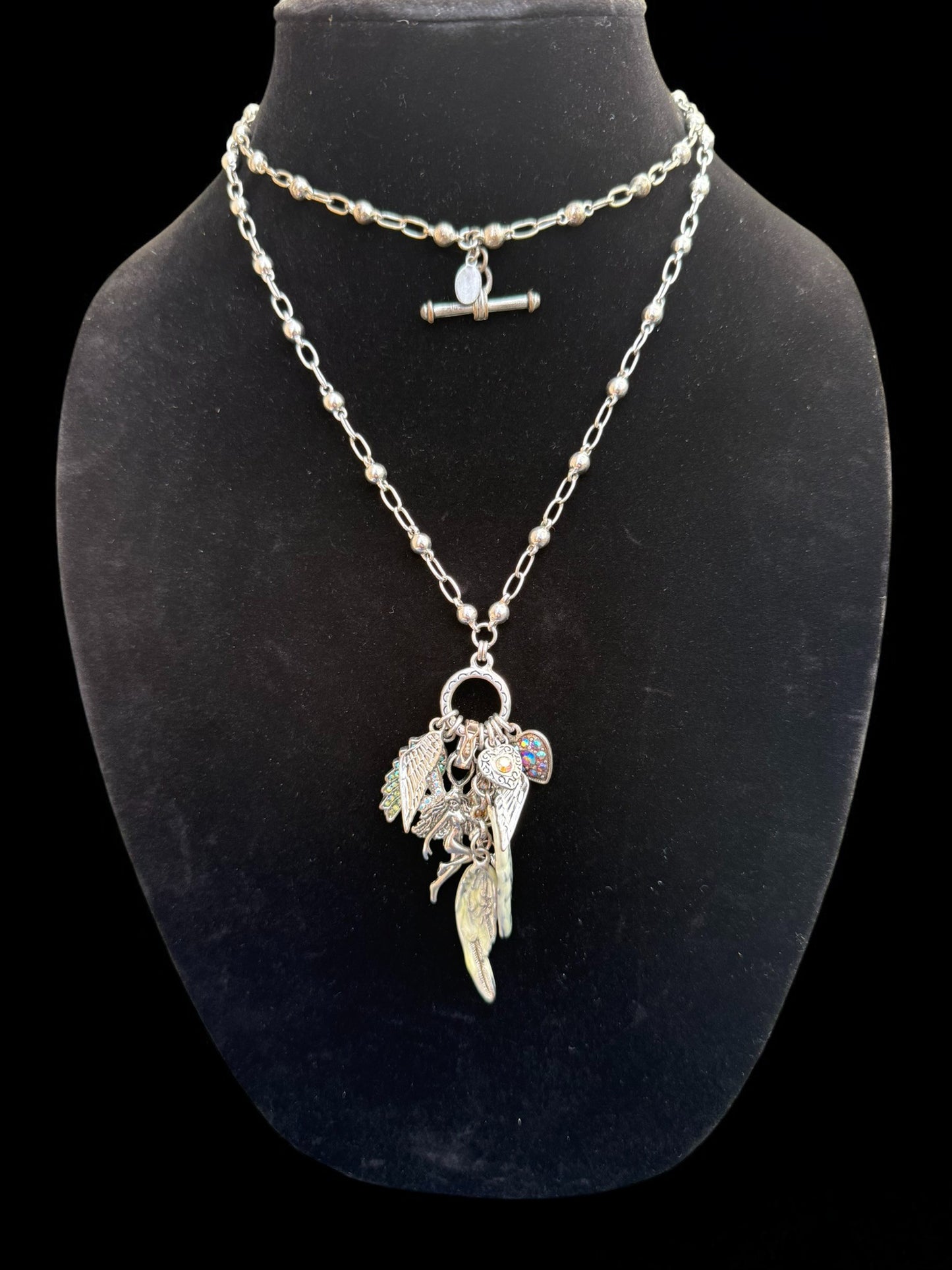 Vintage Angel Wings Charm Layered Necklace 34"