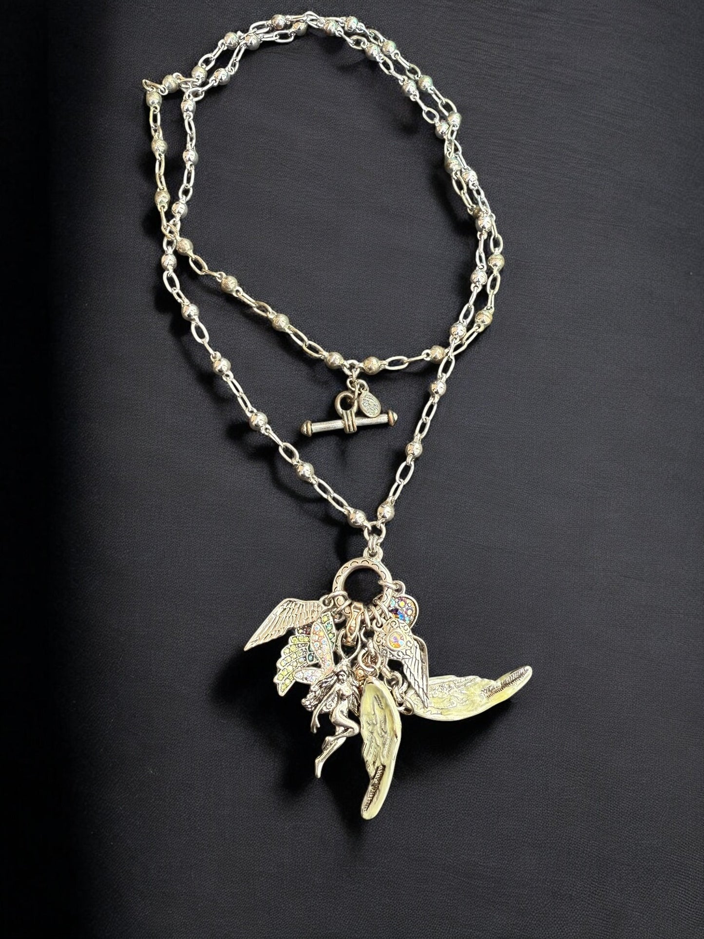 Vintage Angel Wings Charm Layered Necklace 34"