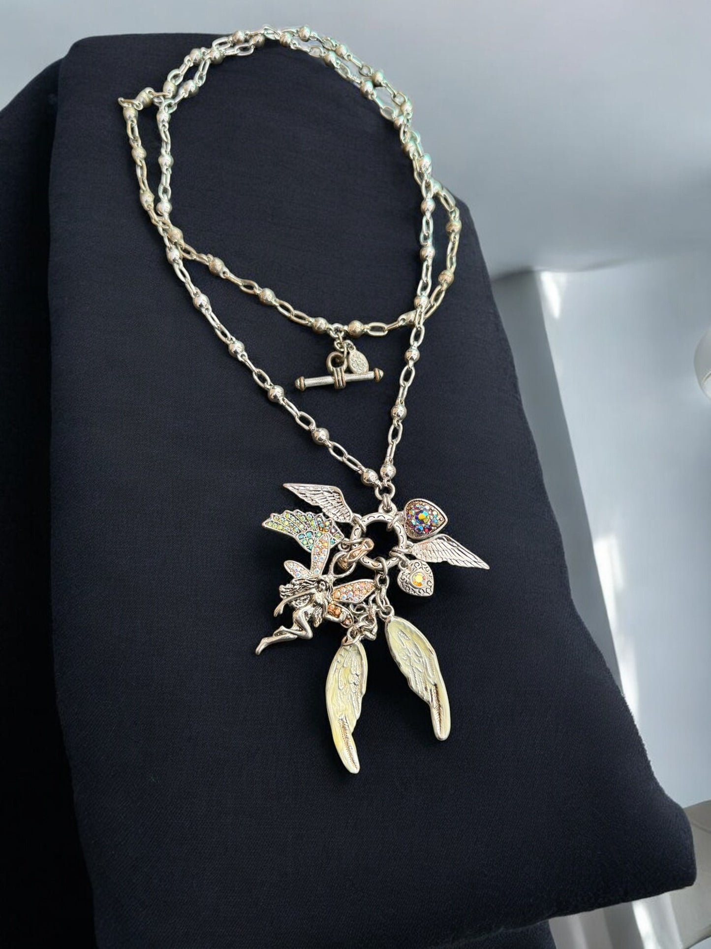 Vintage Angel Wings Charm Layered Necklace 34"