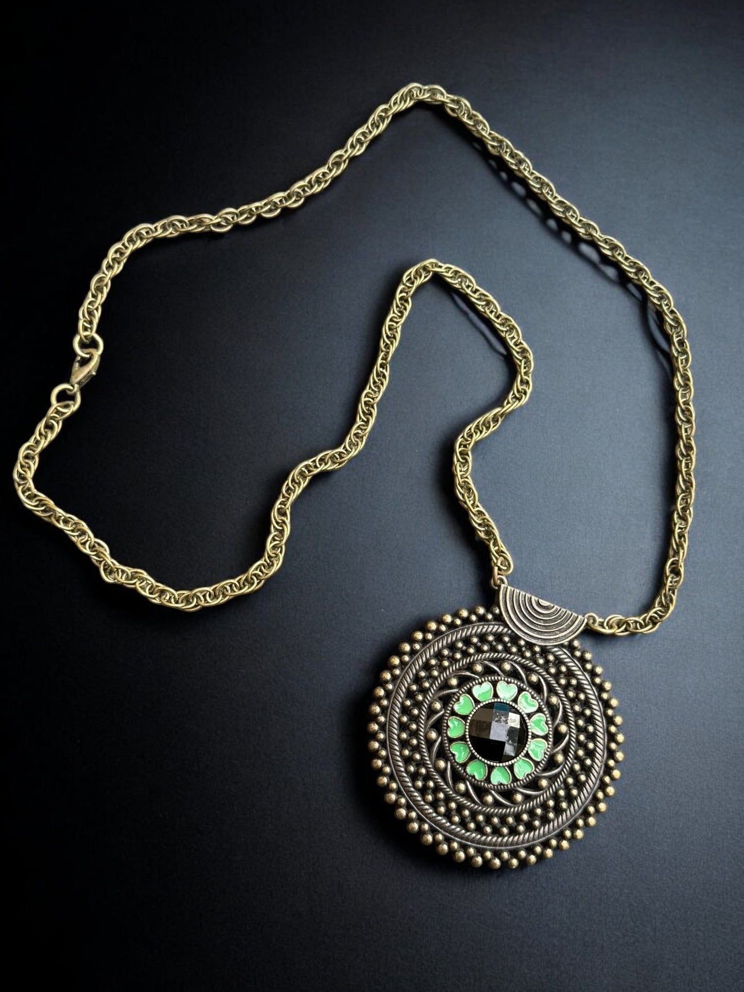 Vintage Emerald Orbit 2.5" Medallion Necklace 29"