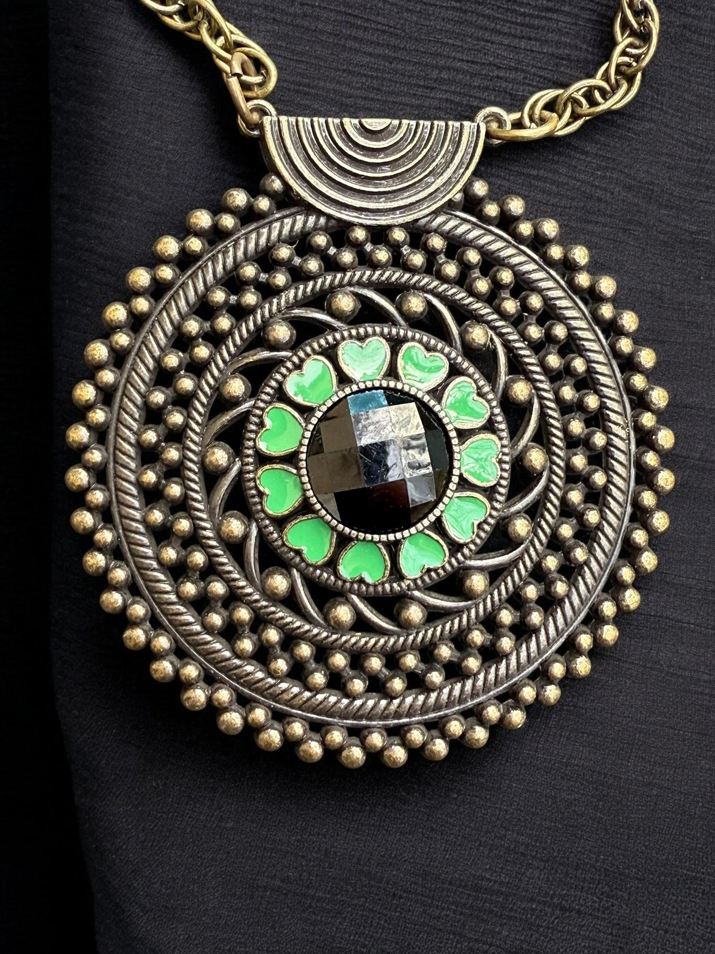 Vintage Emerald Orbit 2.5" Medallion Necklace 29"