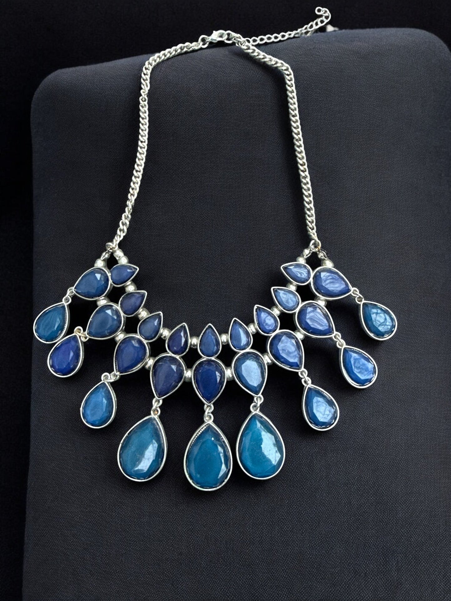 Vintage Midnight Sapphire Teardrop 3.5" Statement Necklace 15-18"