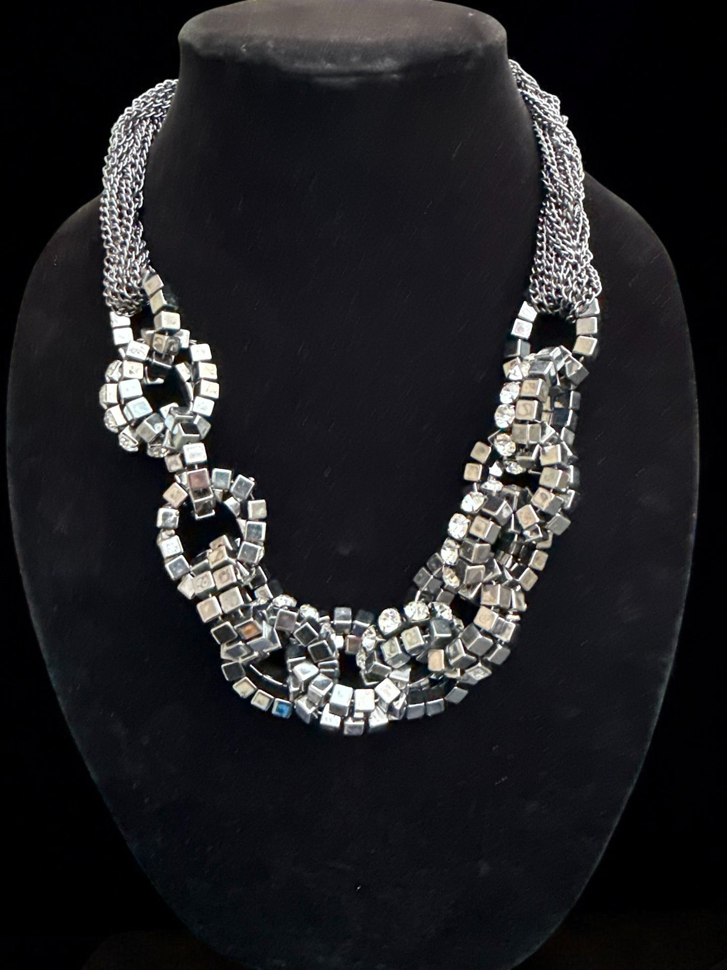Vintage Steel Reverie Cube Rhinestone Statement Necklace 18-21"