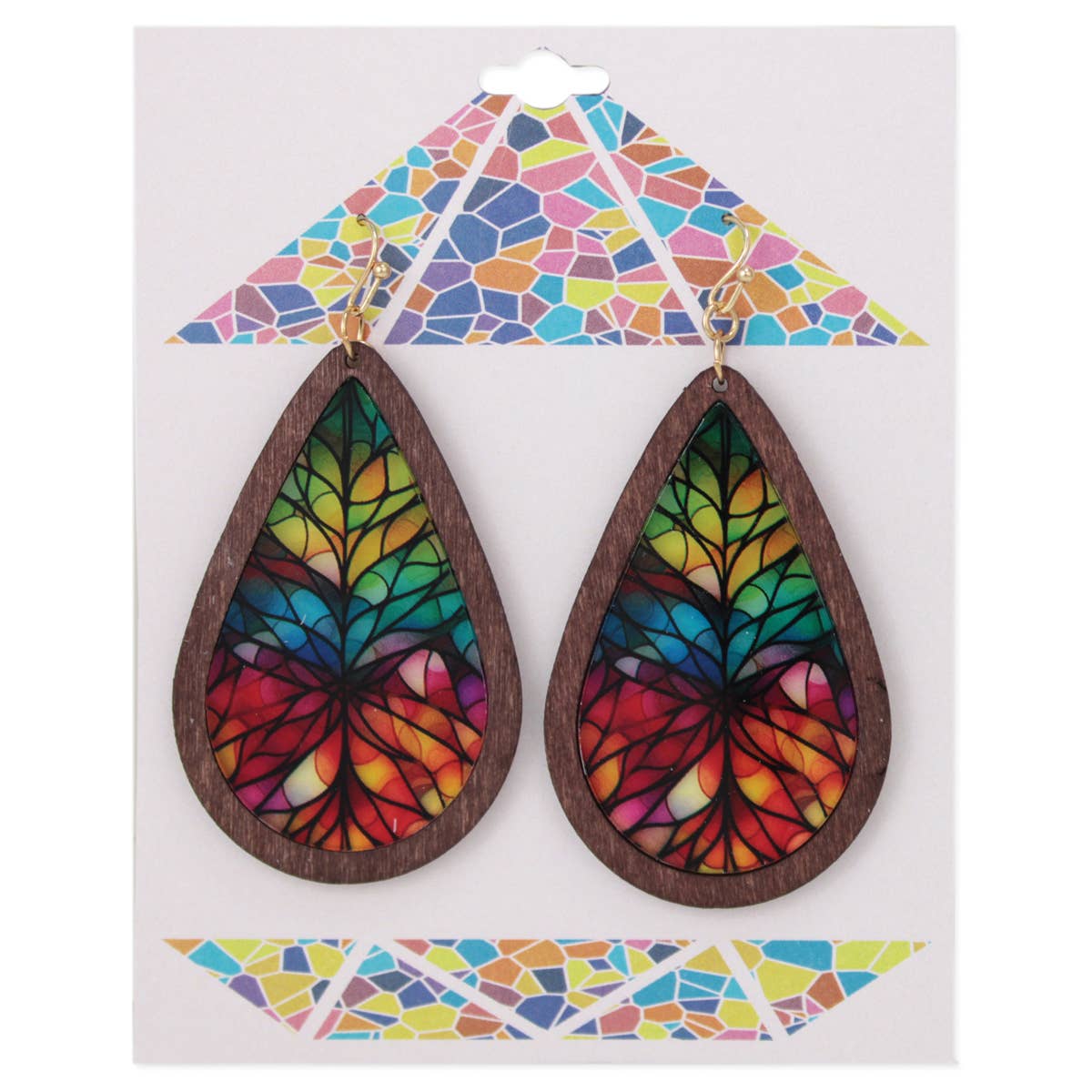 Rainbow Mosaic Stained Glass Print Wood Earrings