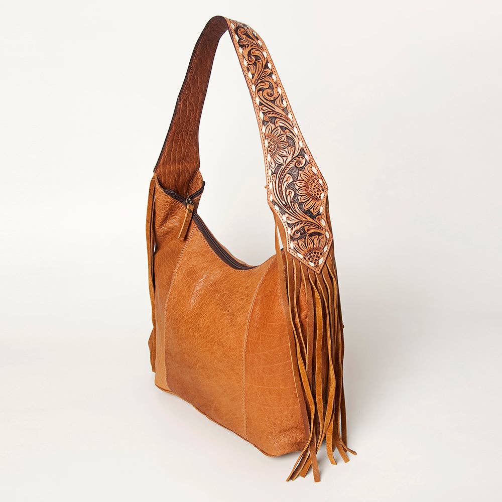 American Darling Hobo Bag Full Grain Tan Leather with Tooled Strap & Fringe