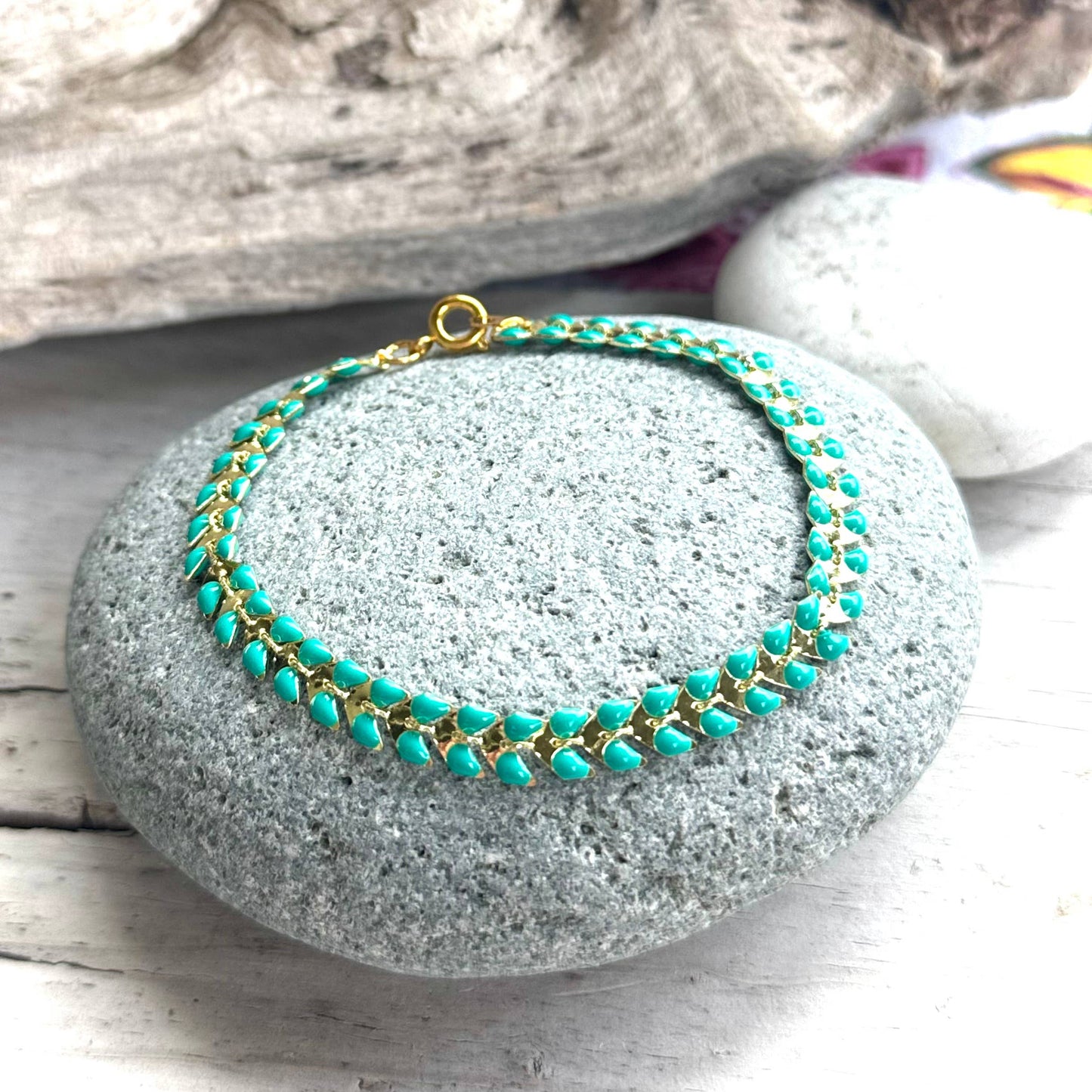 Turquoise Chevron Gold Chain Bracelet