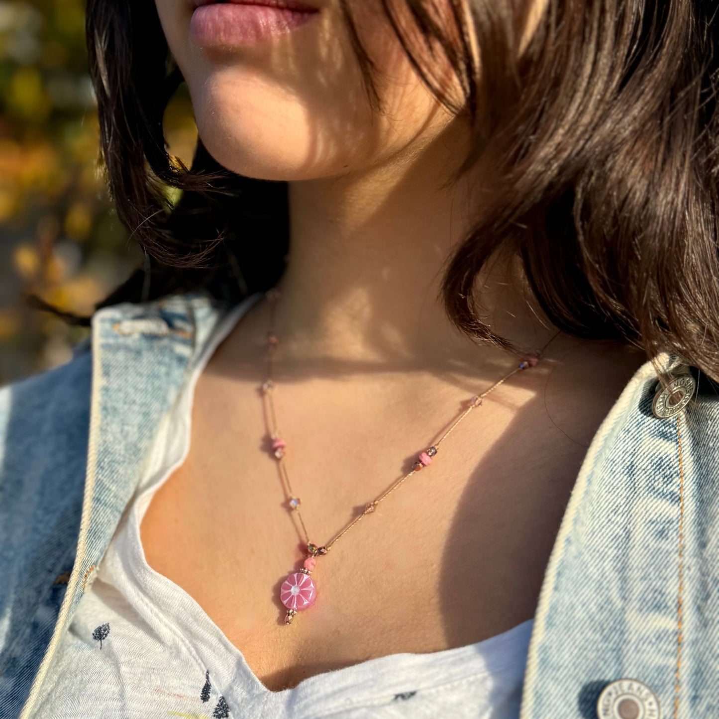 Flower Pendant Necklace (Teal & Pink)