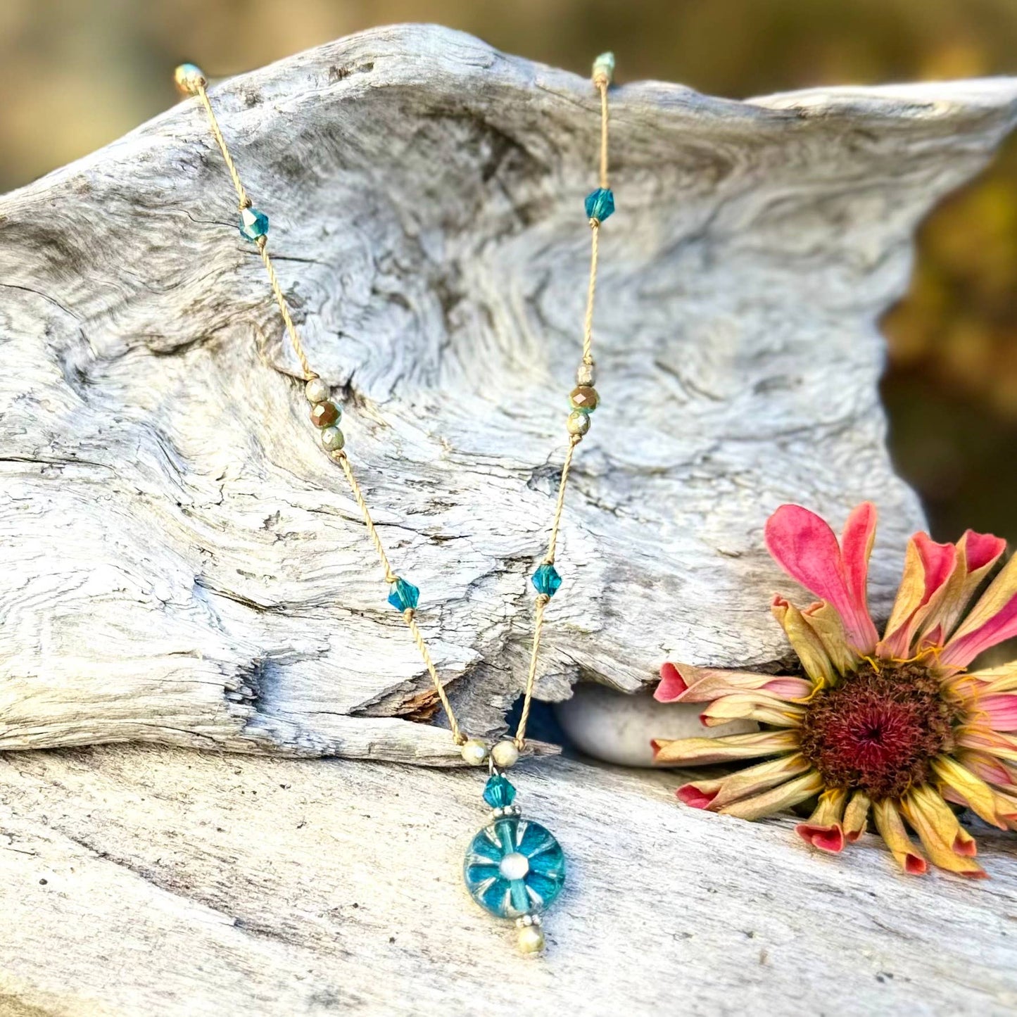 Flower Pendant Necklace (Teal & Pink)