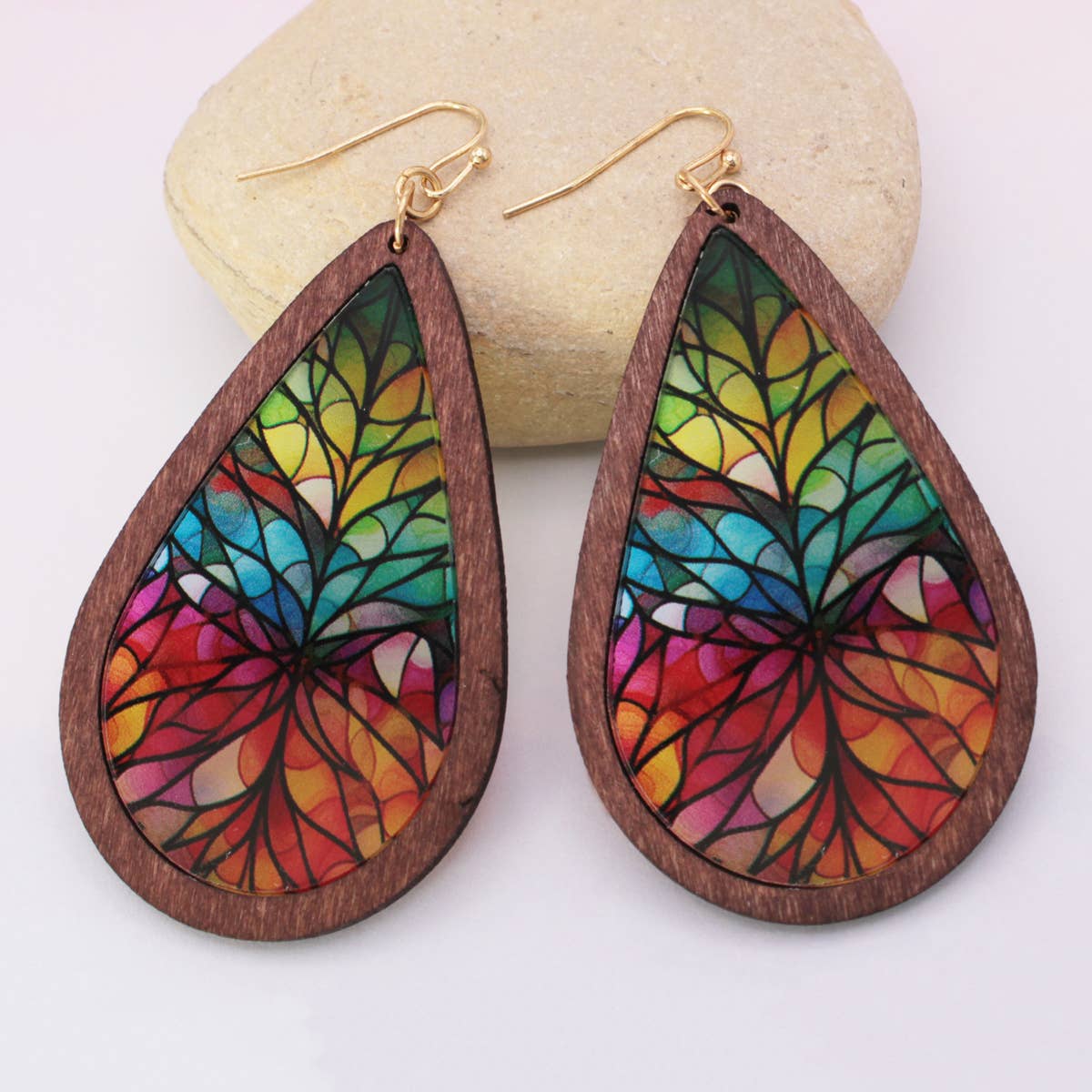 Rainbow Mosaic Stained Glass Print Wood Earrings