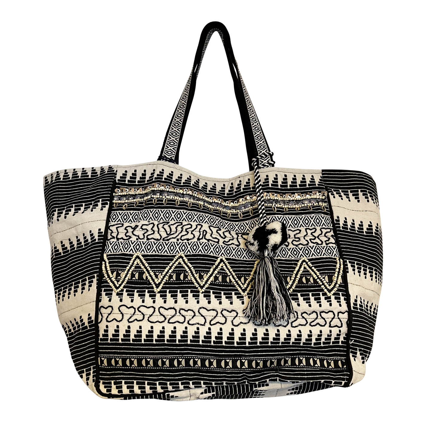 Black White Striped Beaded Tote