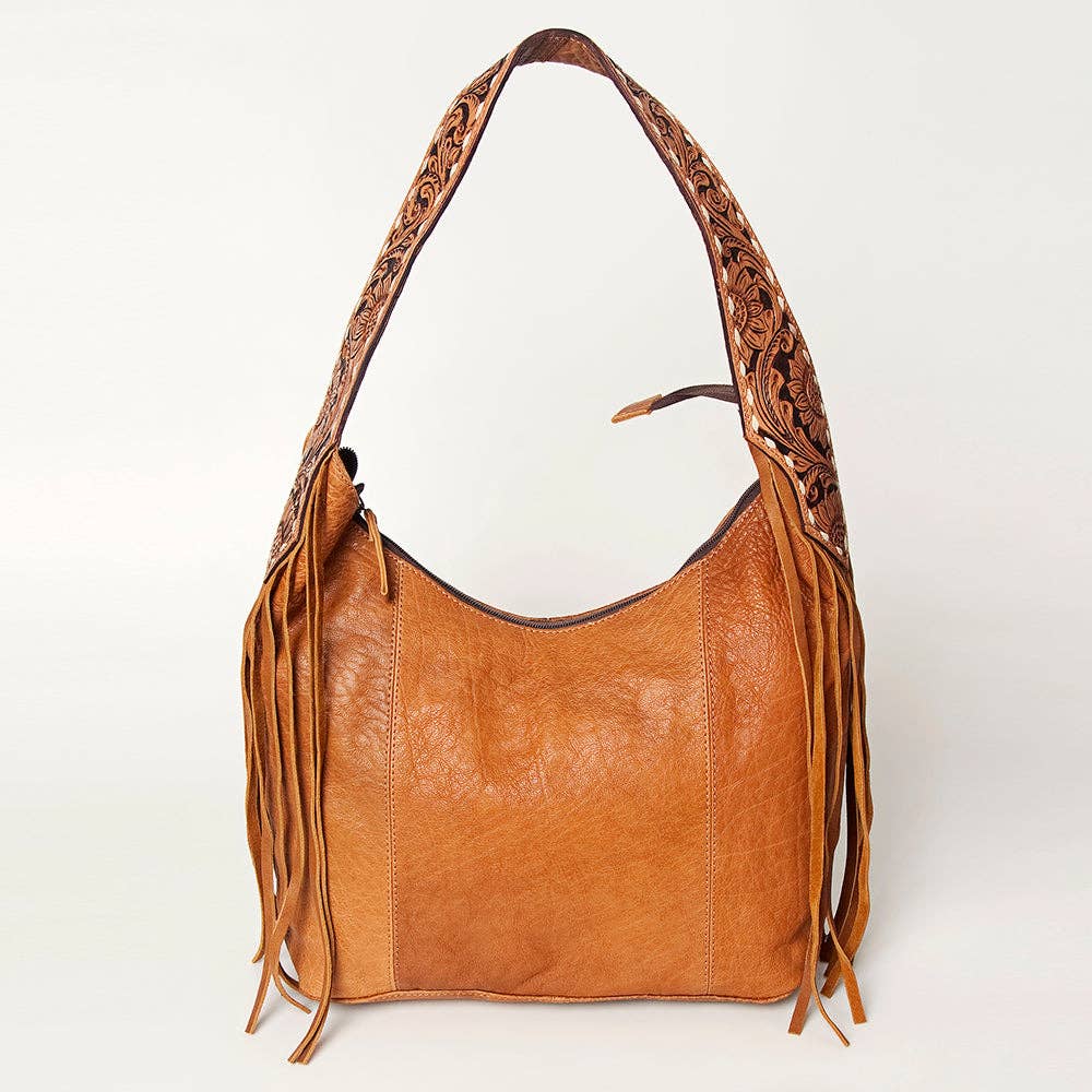 American Darling Hobo Bag Full Grain Tan Leather with Tooled Strap & Fringe